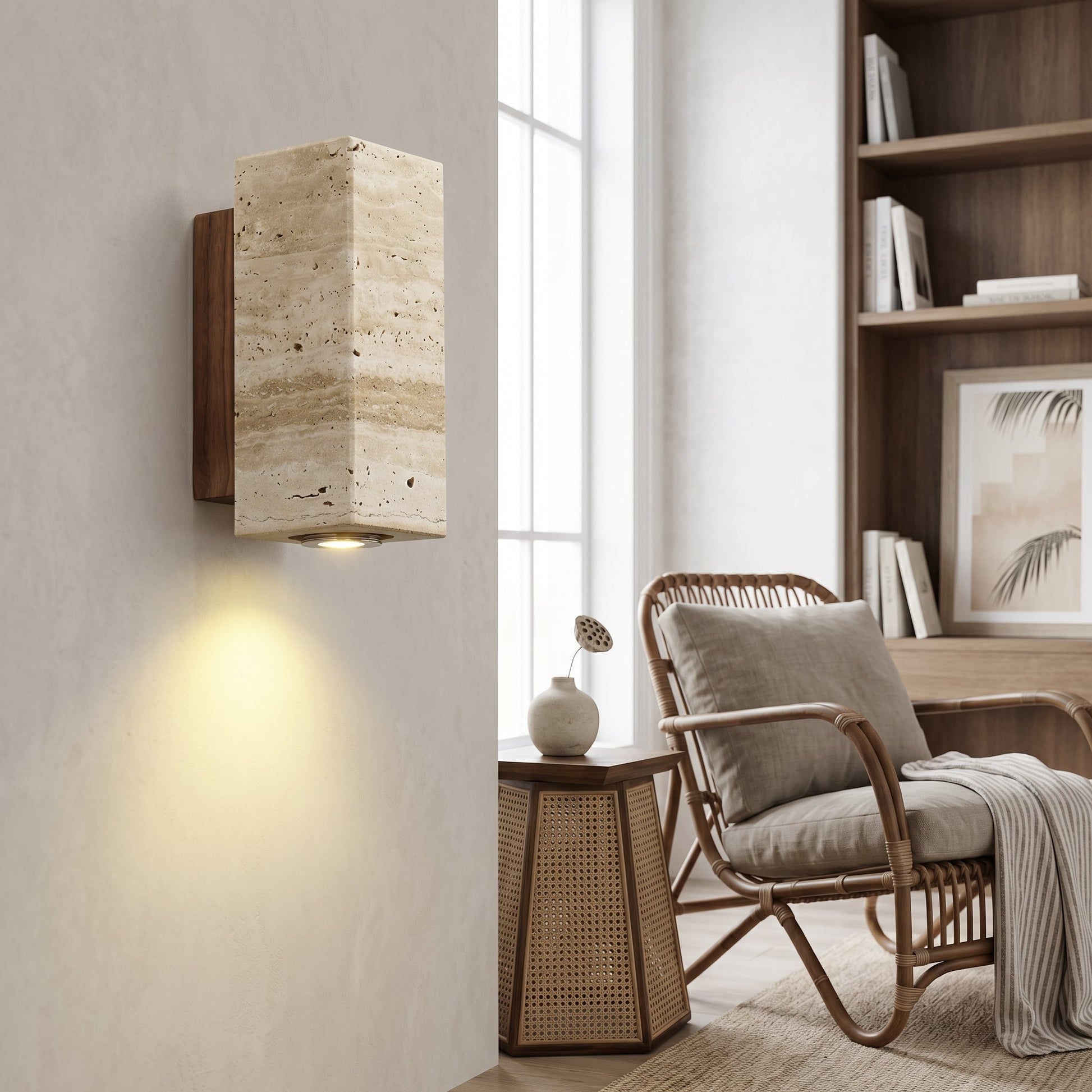 Natural Elegance | Wall Sconce Lighting with Unique Travertine Shade | Warm Wood Bracket for Cozy Ambiance 4
