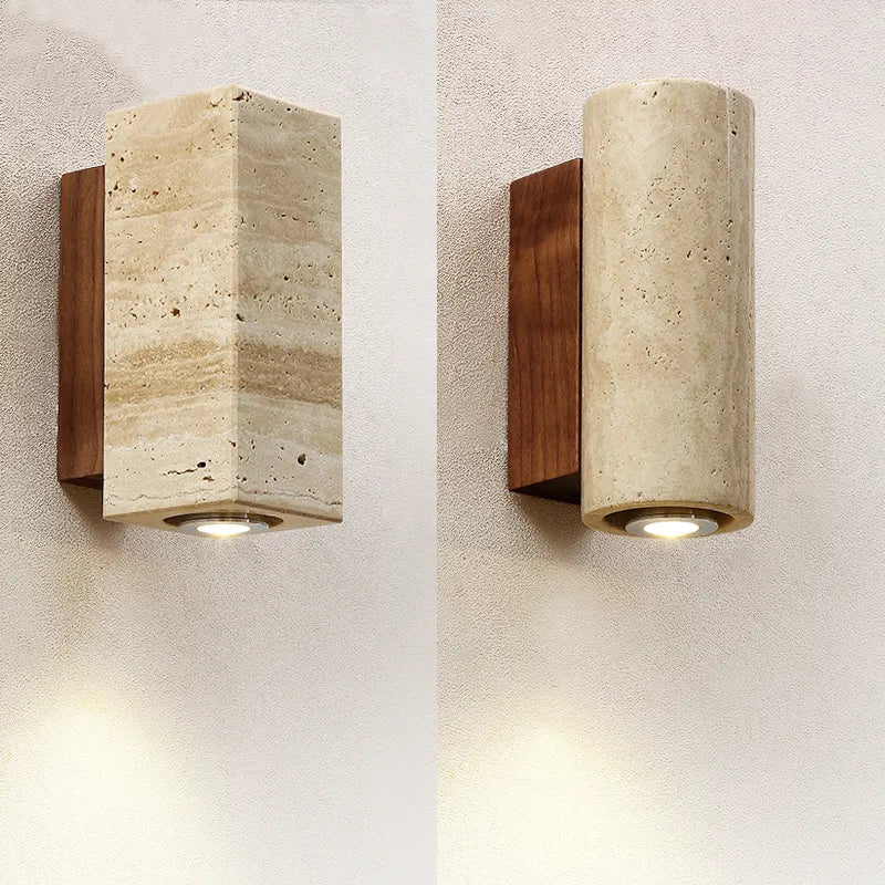 Natural Elegance | Wall Sconce Lighting with Unique Travertine Shade | Warm Wood Bracket for Cozy Ambiance 7