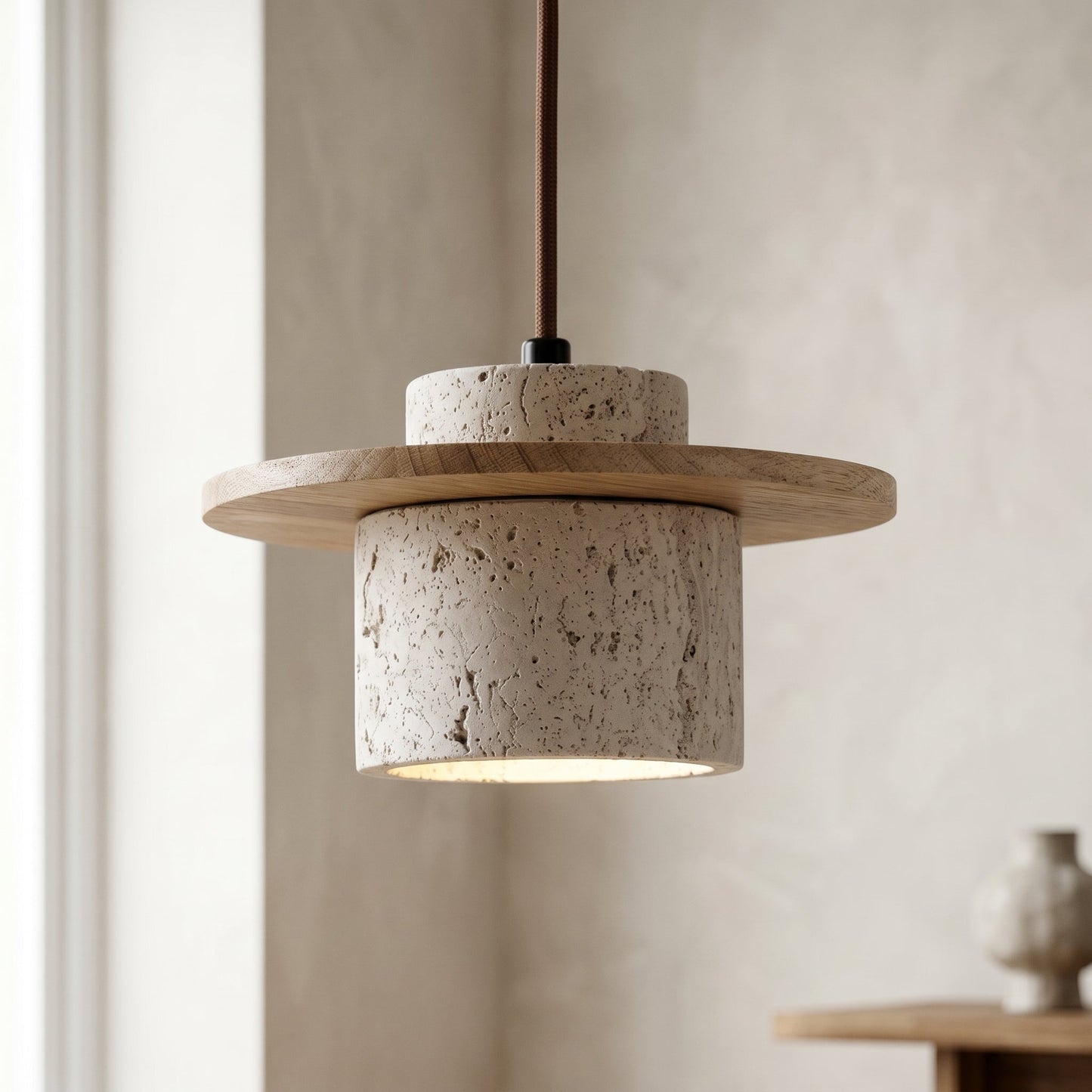 Natural Stone Pendant Light with Walnut Accent | Unique Kitchen Island Lighting for Warm Ambiance 1