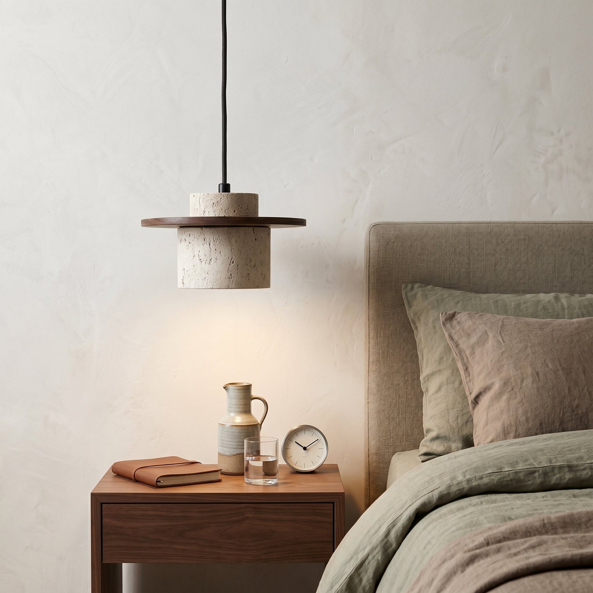 Natural Stone Pendant Light with Walnut Accent | Unique Kitchen Island Lighting for Warm Ambiance 2