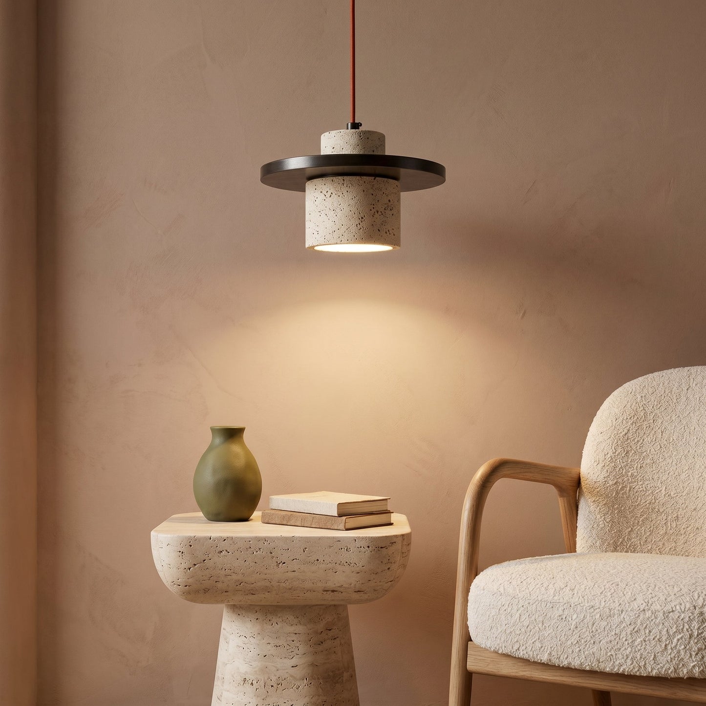 Natural Stone Pendant Light with Walnut Accent | Unique Kitchen Island Lighting for Warm Ambiance 3