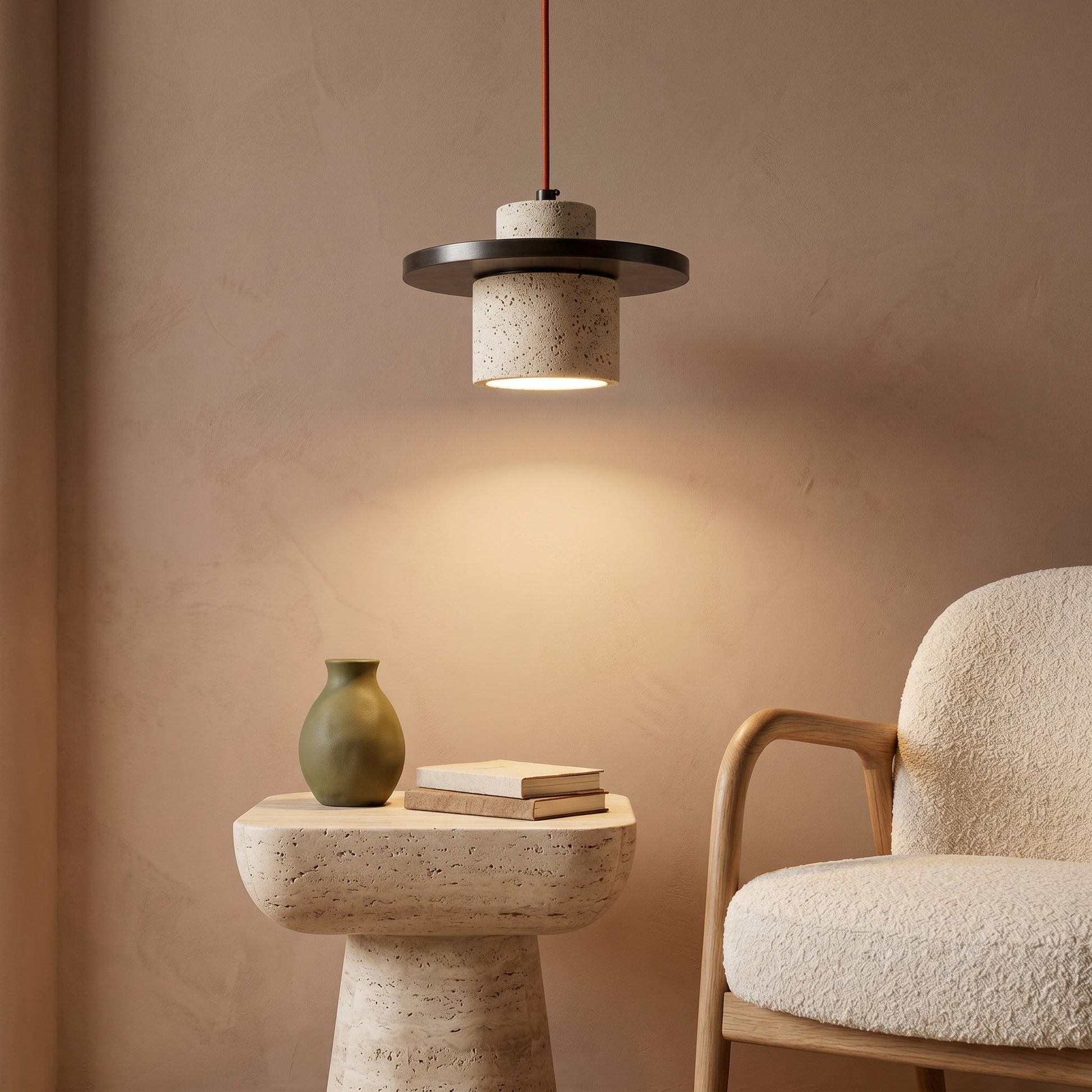 Natural Stone Pendant Light with Walnut Accent | Unique Kitchen Island Lighting for Warm Ambiance 3
