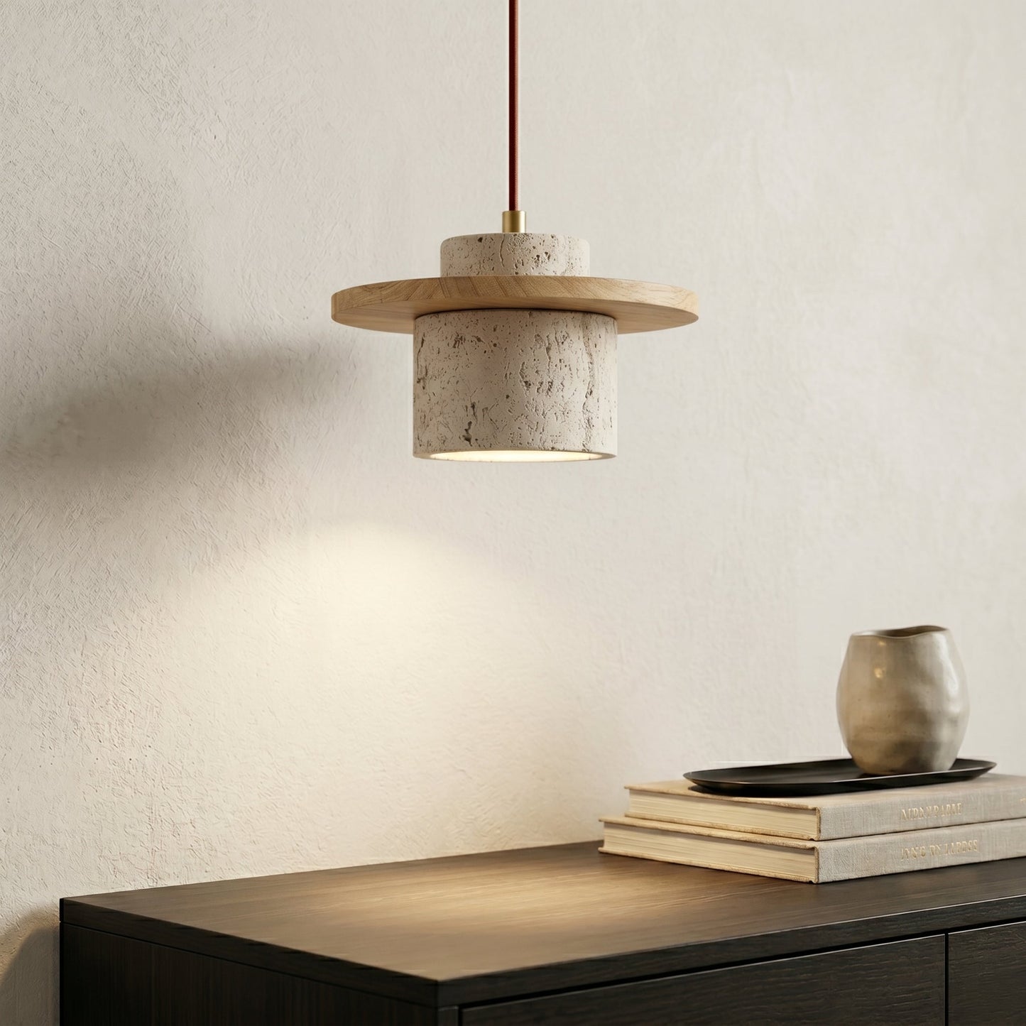 Natural Stone Pendant Light with Walnut Accent | Unique Kitchen Island Lighting for Warm Ambiance 4