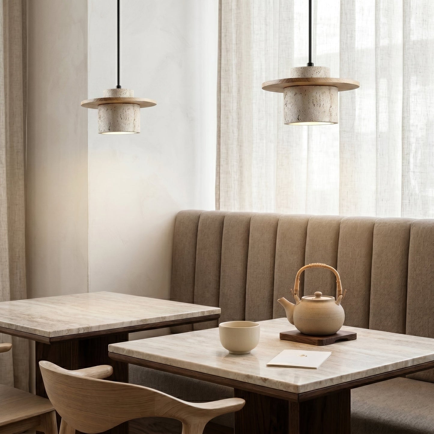 Natural Stone Pendant Light with Walnut Accent | Unique Kitchen Island Lighting for Warm Ambiance 5