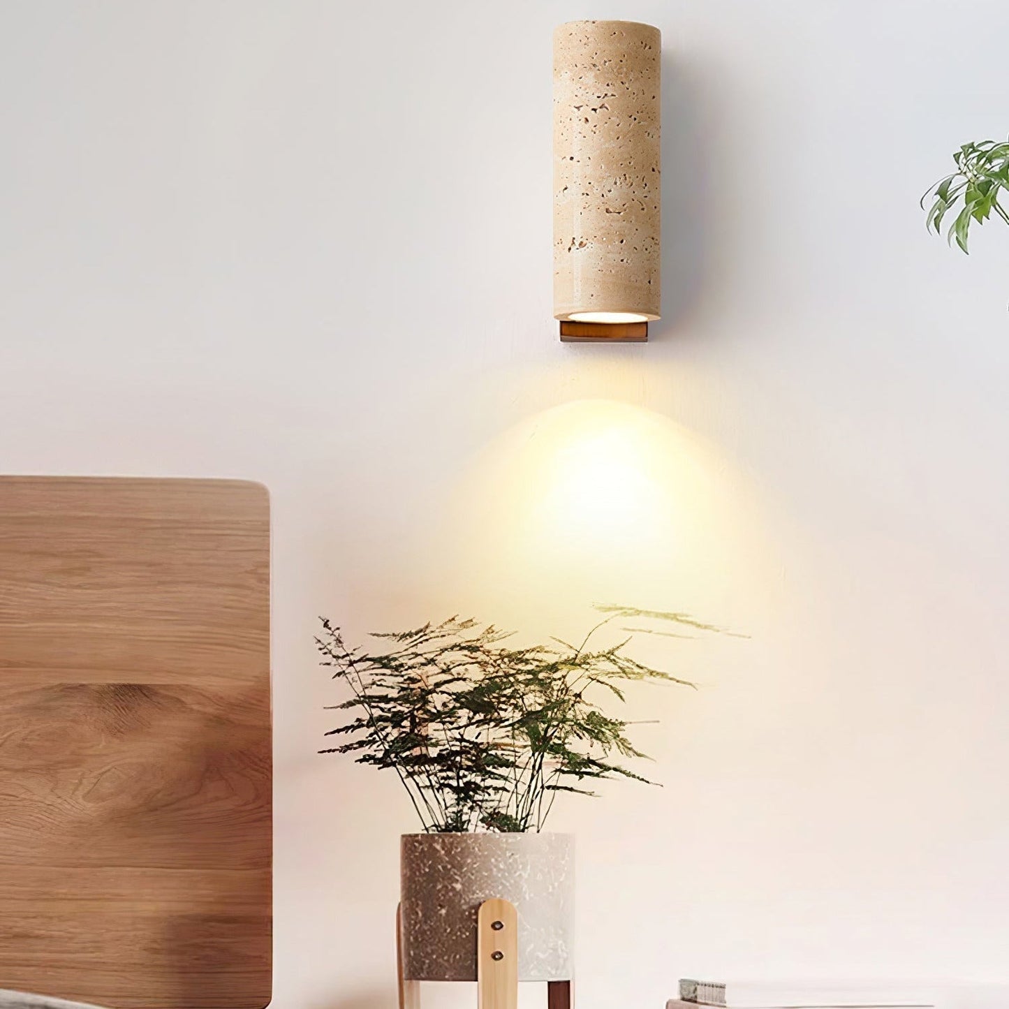 Natural Travertine Wall Lamp with Warm Wood Accents | Elegant Wall Lights for Serene Bedroom and Hallway Lighting 4