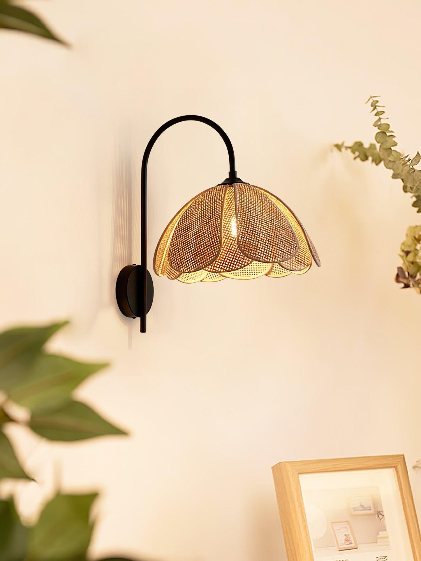 Rattan Wall Lamp | Petal-Shaped Sconce Lighting with Metal Base | Elegant Home Decor for Ambient Illumination 4