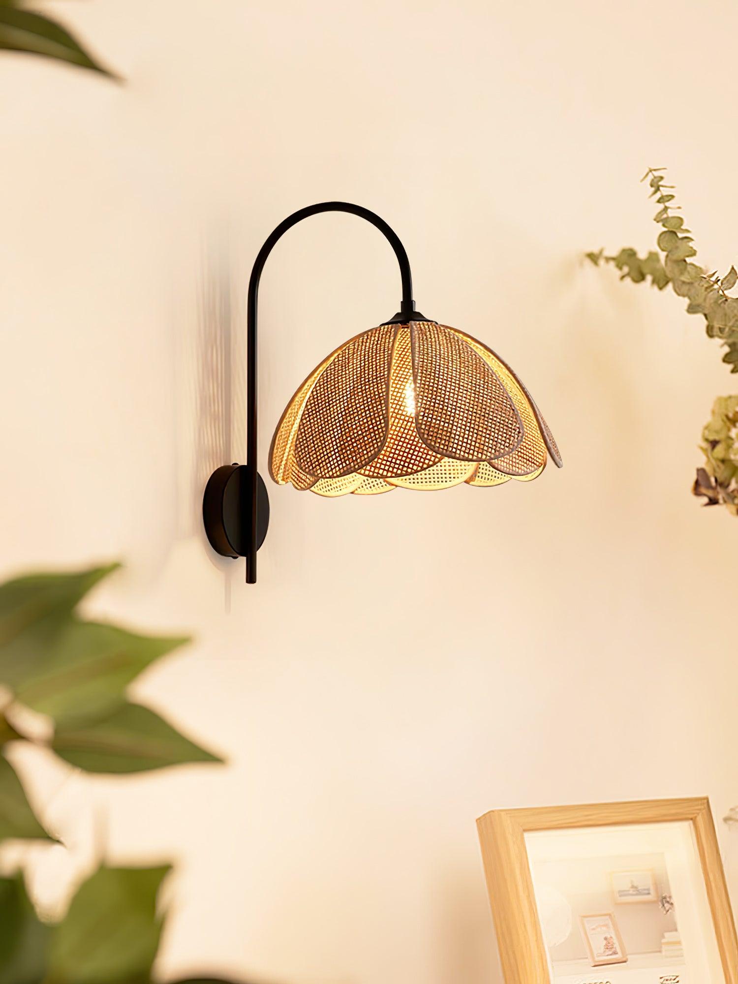 Rattan Wall Lamp | Petal-Shaped Sconce Lighting with Metal Base | Elegant Home Decor for Ambient Illumination 4