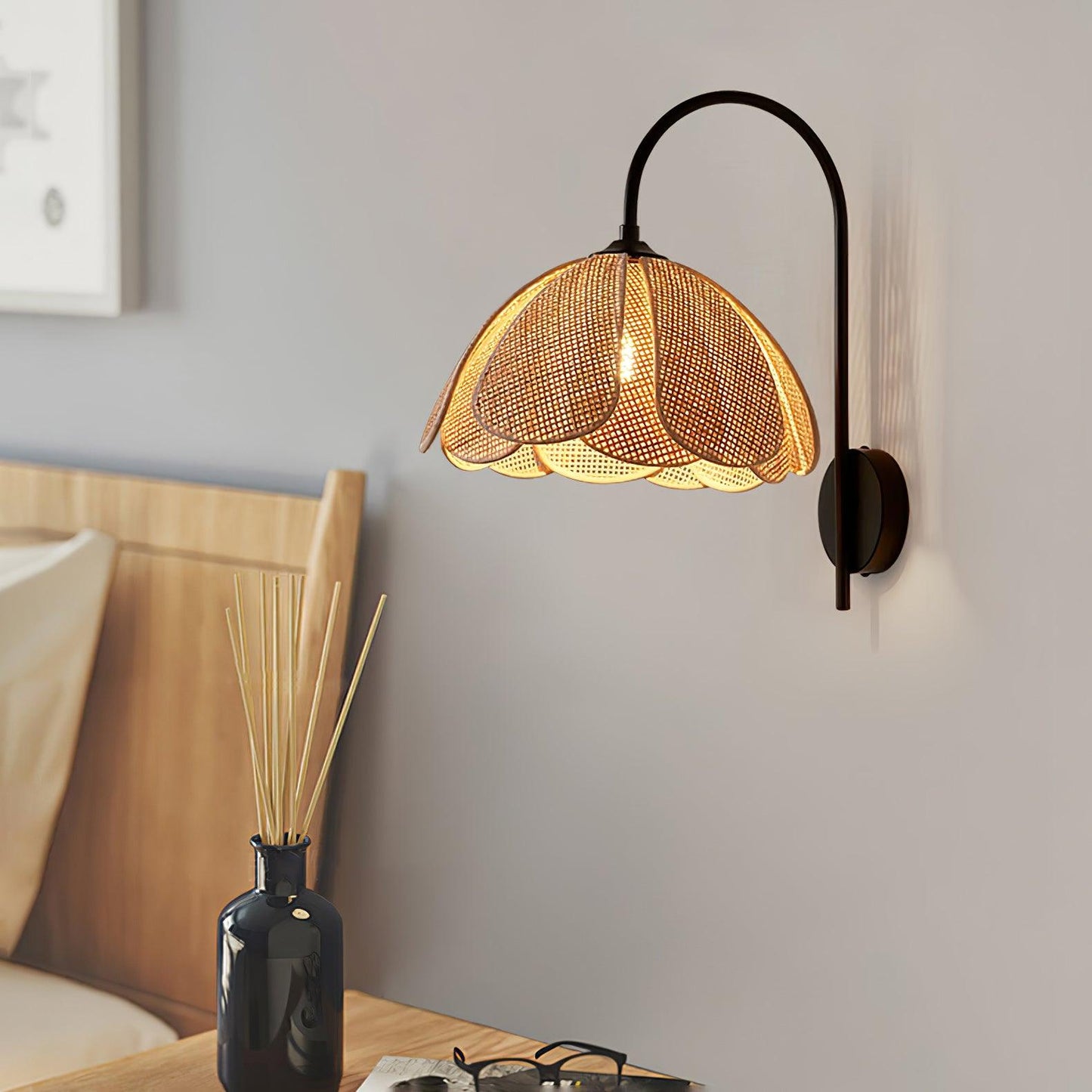 Rattan Wall Lamp | Petal-Shaped Sconce Lighting with Metal Base | Elegant Home Decor for Ambient Illumination 5