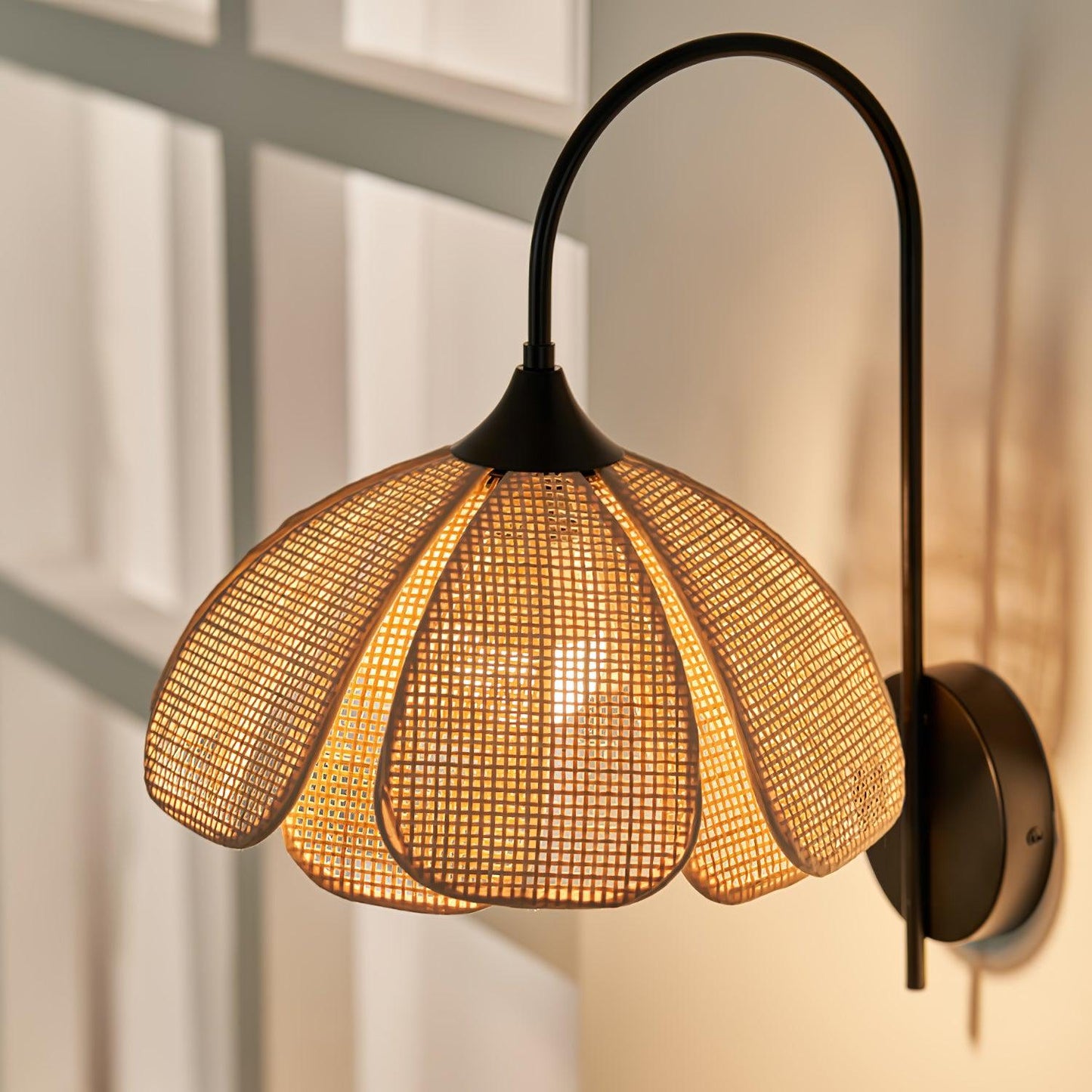 Rattan Wall Lamp | Petal-Shaped Sconce Lighting with Metal Base | Elegant Home Decor for Ambient Illumination 6