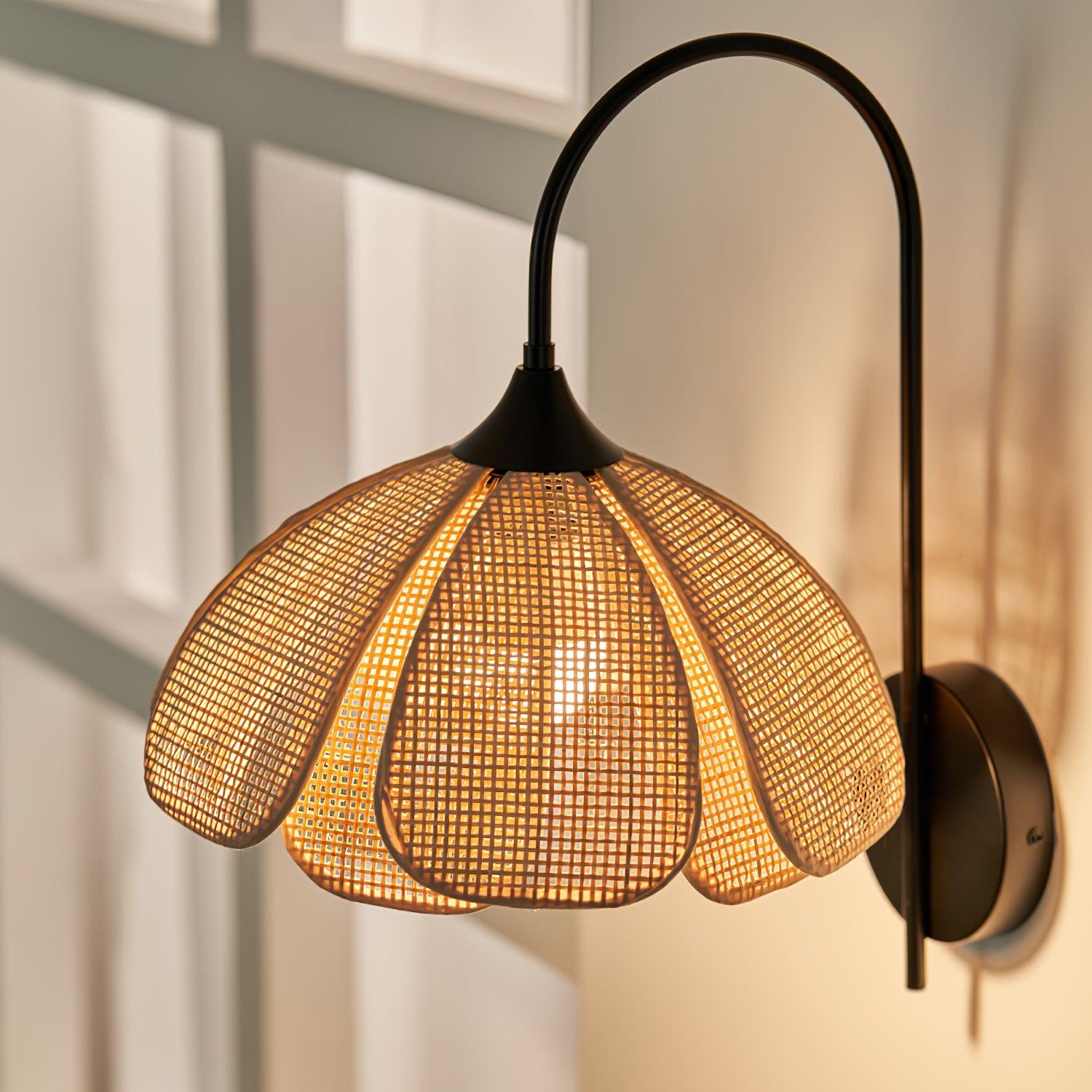 Rattan Wall Lamp | Petal-Shaped Sconce Lighting with Metal Base | Elegant Home Decor for Ambient Illumination 6