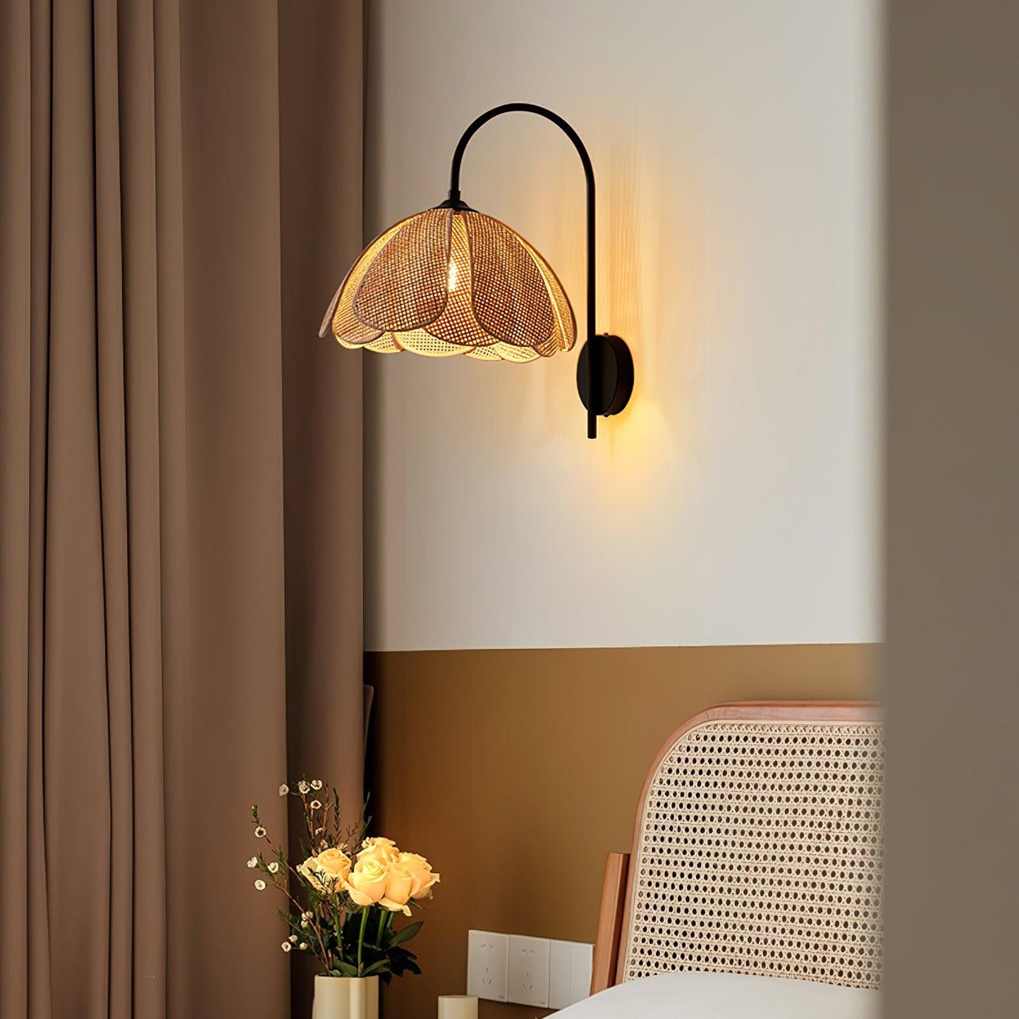 Rattan Wall Lamp | Petal-Shaped Sconce Lighting with Metal Base | Elegant Home Decor for Ambient Illumination 7