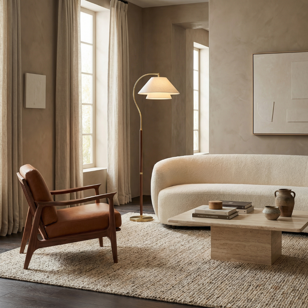 Sculptural Arc Floor Lamp with Layered Shades for Soft Ambient Lighting 2