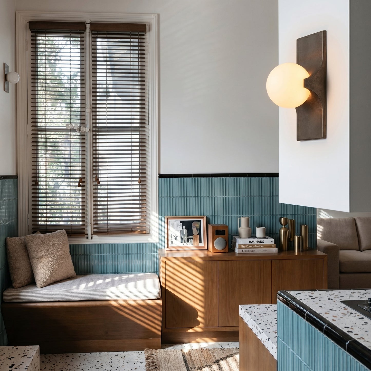 Sculptural Wall Sconce | Solid Brass & Glass Globe Light with Curved Arm Design | Elegant Illumination for Any Space 4