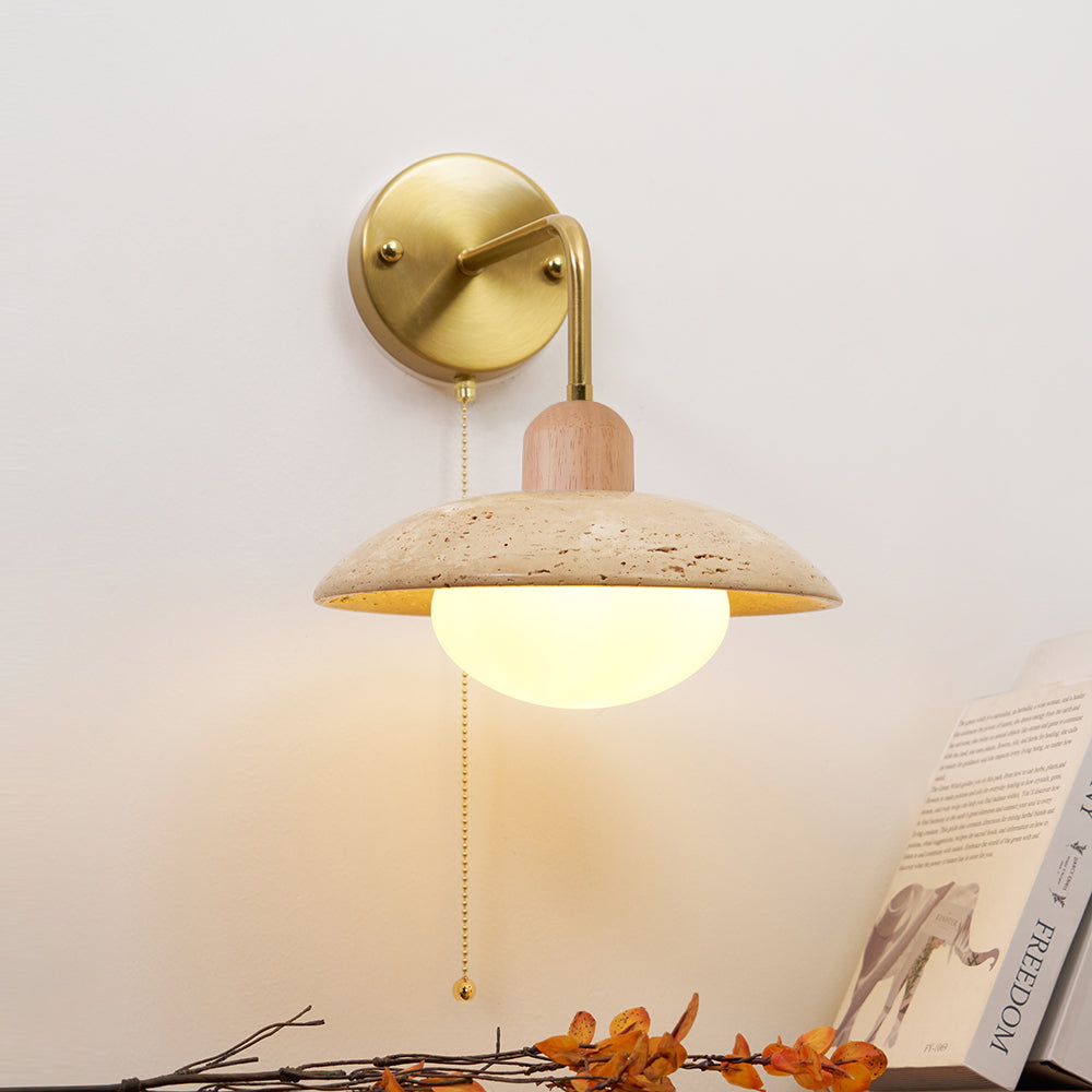 Stylish Wall Sconce | Travertine Wall Lamp with Metal Body & Wood Accents | Elegant Lighting for Indoor and Outdoor Use 0