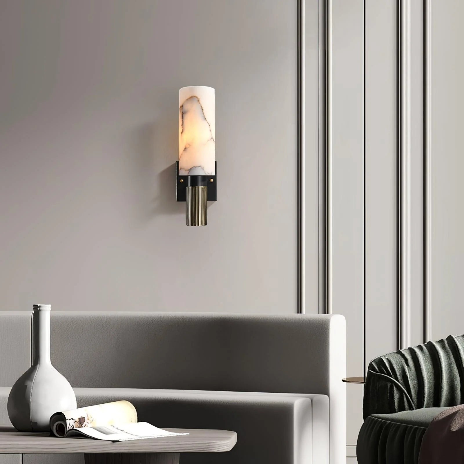 Jade Cylindrical Alabaster Brass Wall Sconce Living Room Bedroom