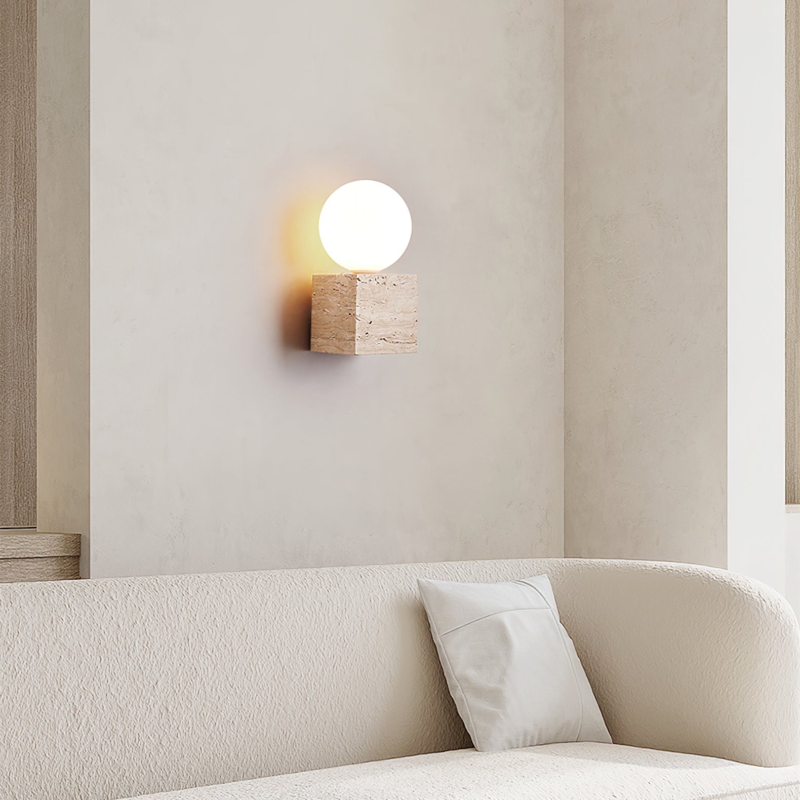 Travertine Wall Light | Elegant Cube-Base Sconce with LED Compatibility | Stylish Indoor Lighting Solution 7