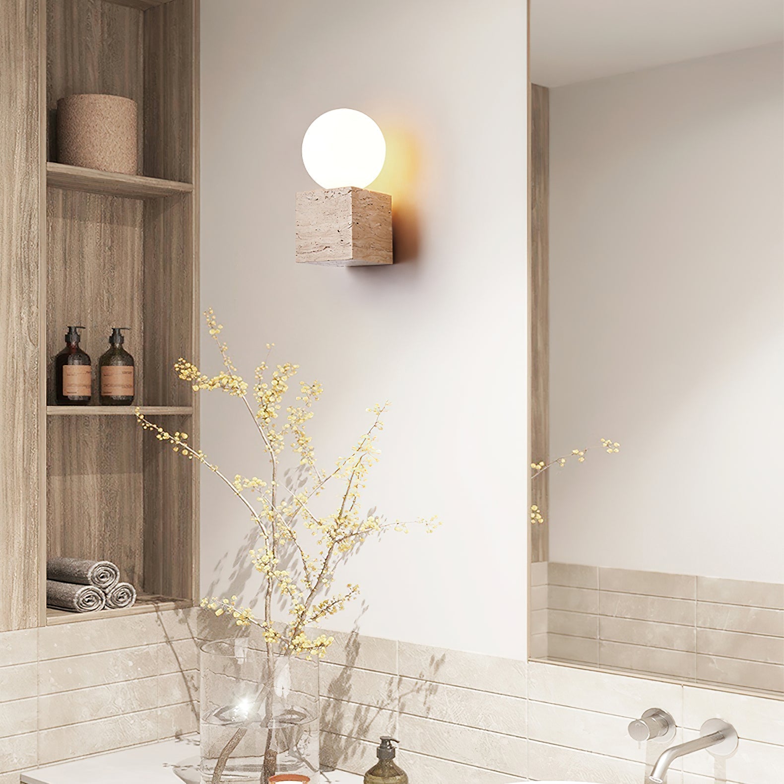 Travertine Wall Light | Elegant Cube-Base Sconce with LED Compatibility | Stylish Indoor Lighting Solution 8
