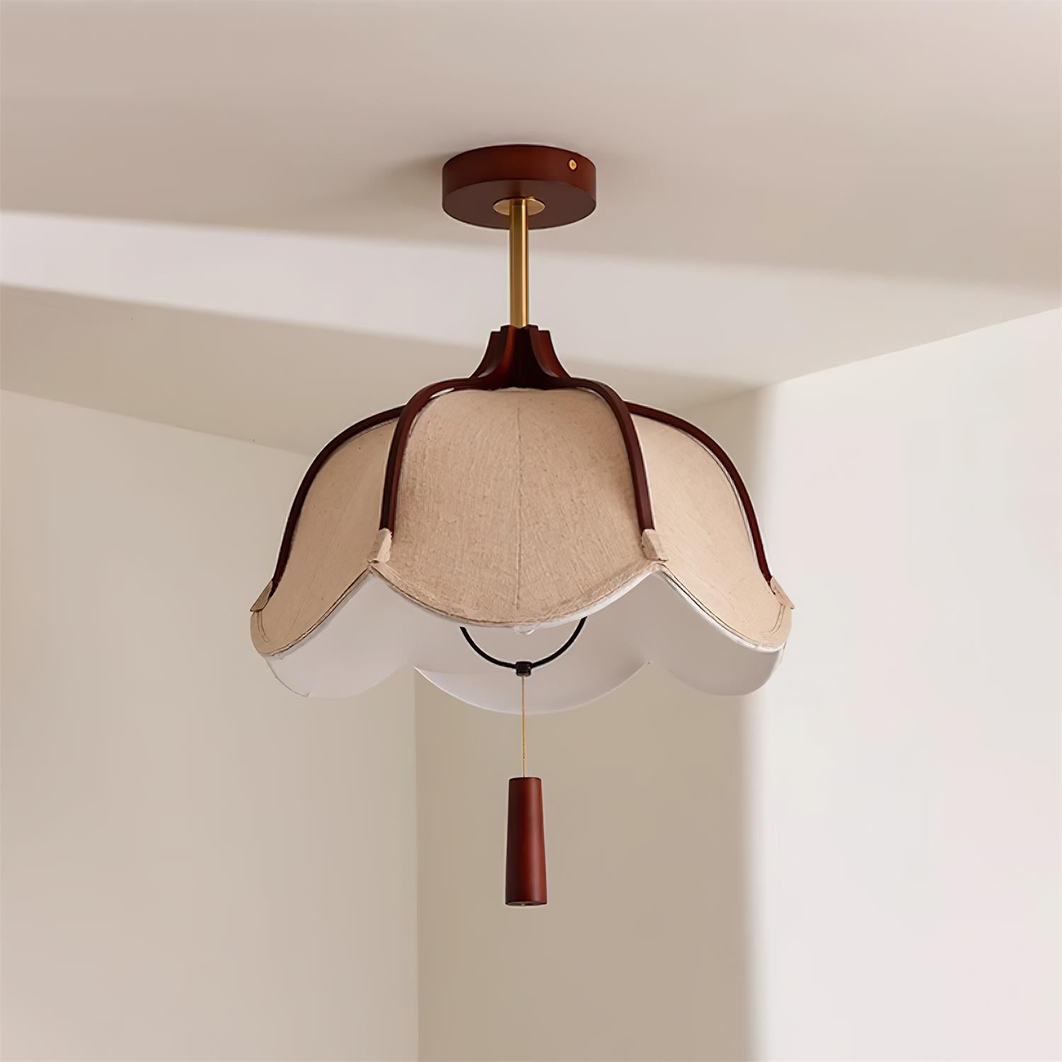 Vintage Fabric Flush Mount Ceiling Light Fixture with Wood Canopy | Elegant Design for Warm Ambiance 0