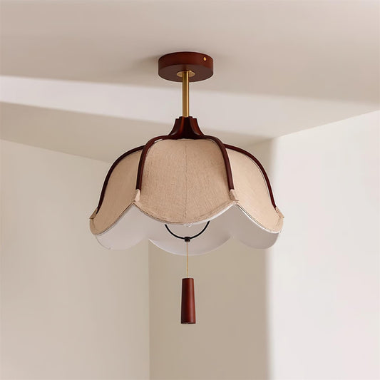 Vintage Fabric Flush Mount Ceiling Light Fixture with Wood Canopy | Elegant Design for Warm Ambiance 0