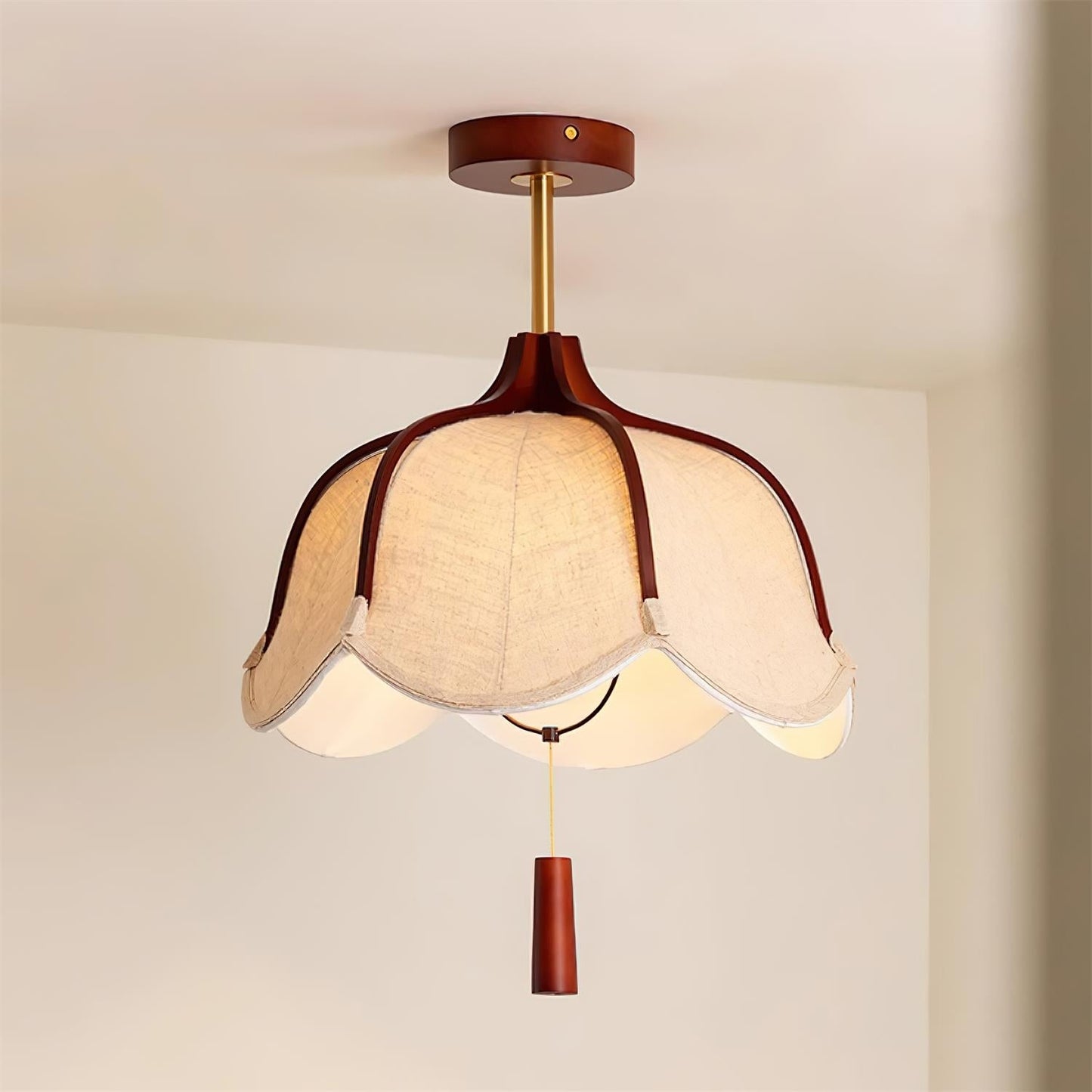 Vintage Fabric Flush Mount Ceiling Light Fixture with Wood Canopy | Elegant Design for Warm Ambiance 3