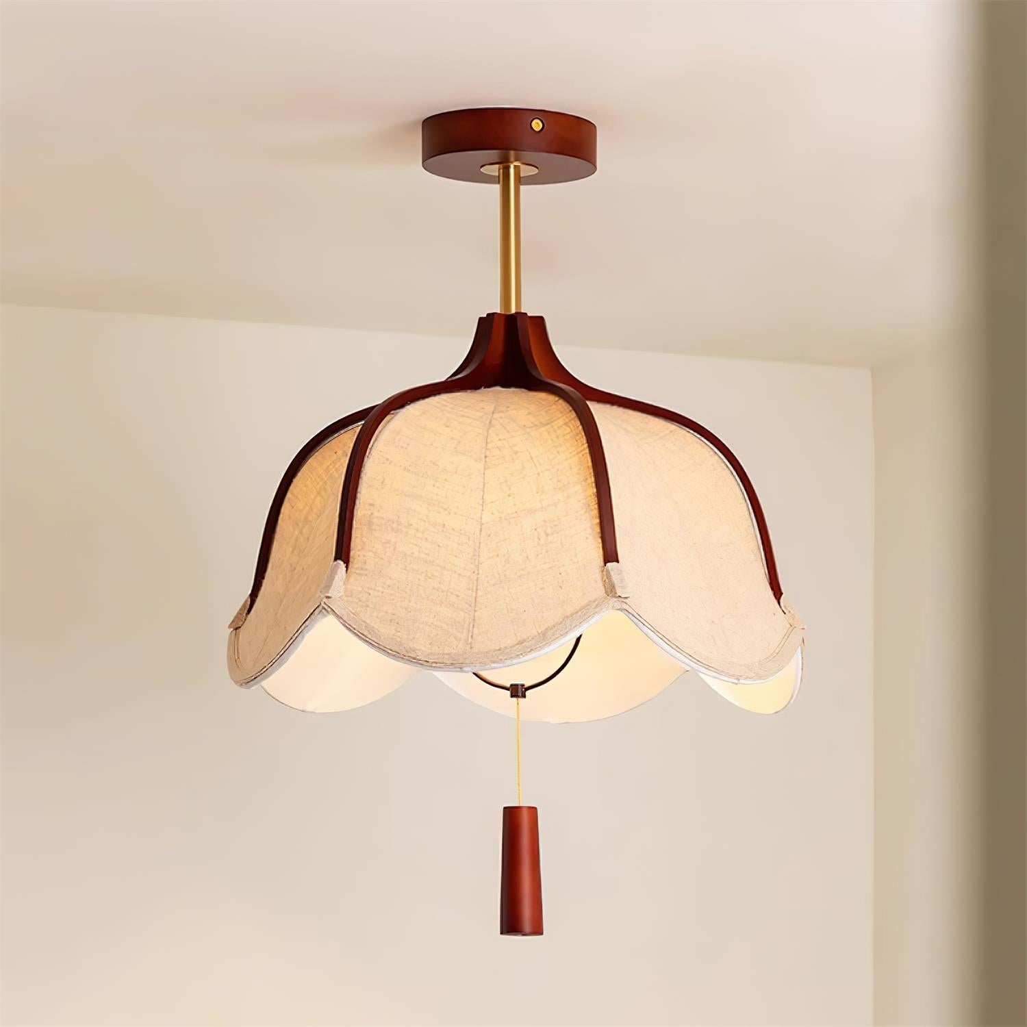 Vintage Fabric Flush Mount Ceiling Light Fixture with Wood Canopy | Elegant Design for Warm Ambiance 3