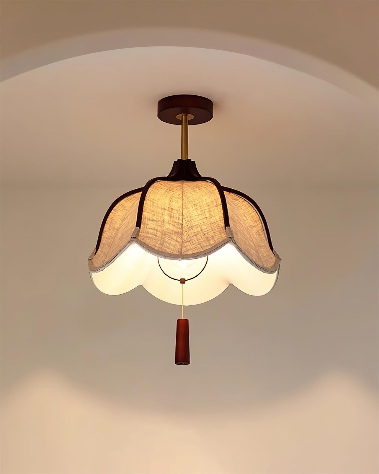 Vintage Fabric Flush Mount Ceiling Light Fixture with Wood Canopy | Elegant Design for Warm Ambiance 4