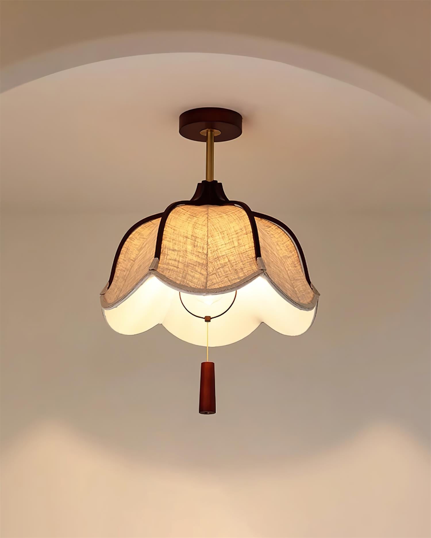 Vintage Fabric Flush Mount Ceiling Light Fixture with Wood Canopy | Elegant Design for Warm Ambiance 4