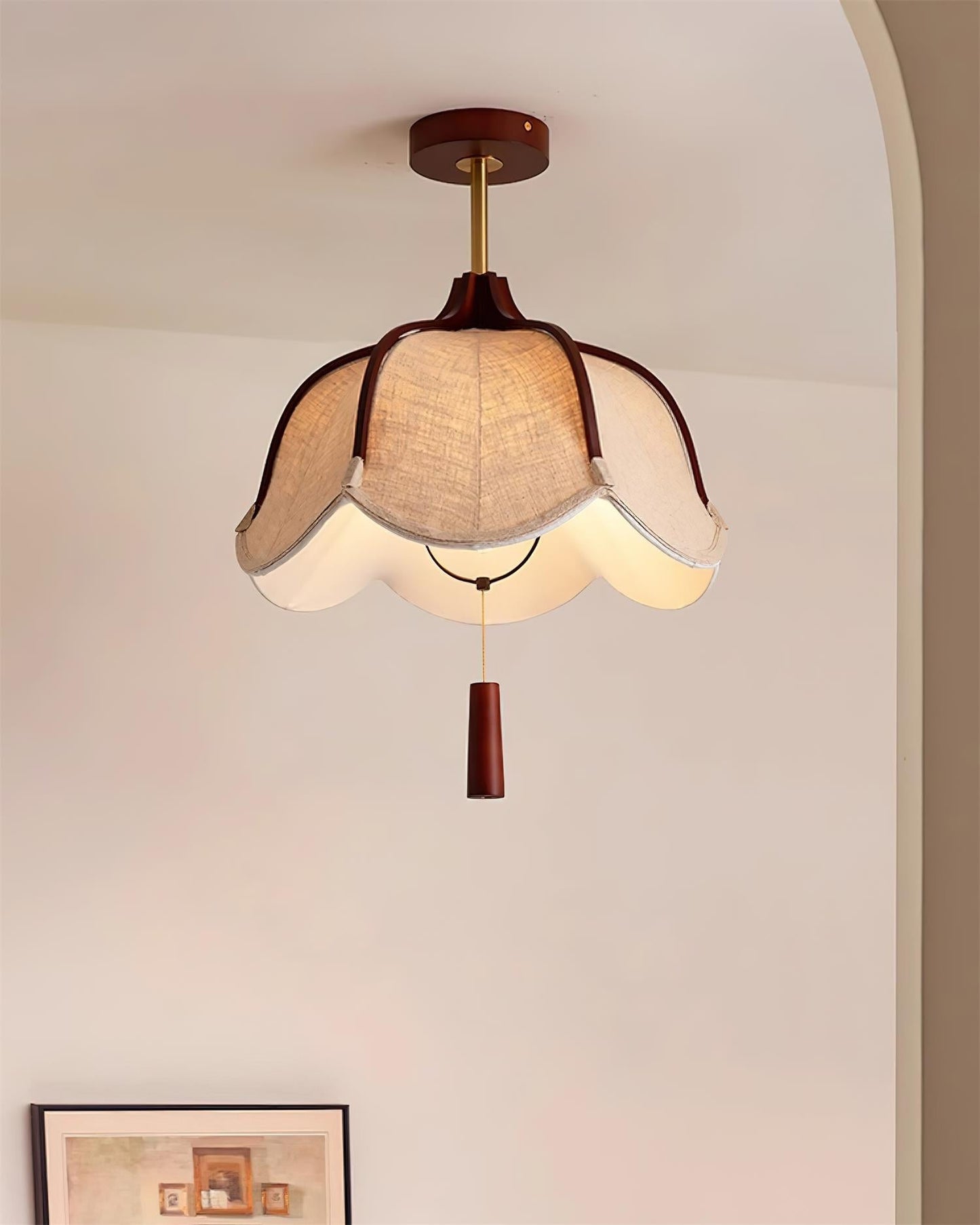 Vintage Fabric Flush Mount Ceiling Light Fixture with Wood Canopy | Elegant Design for Warm Ambiance 5