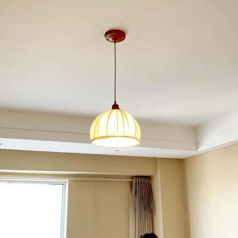 Vintage Pendant Light with Luxurious Beige Fabric Shade | Elegant Illumination for Living Spaces 4