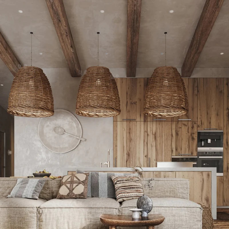 Vintage Rustic Rattan Pendant Light with Adjustable Height | Elegant Kitchen Lighting for Cozy Interiors 2