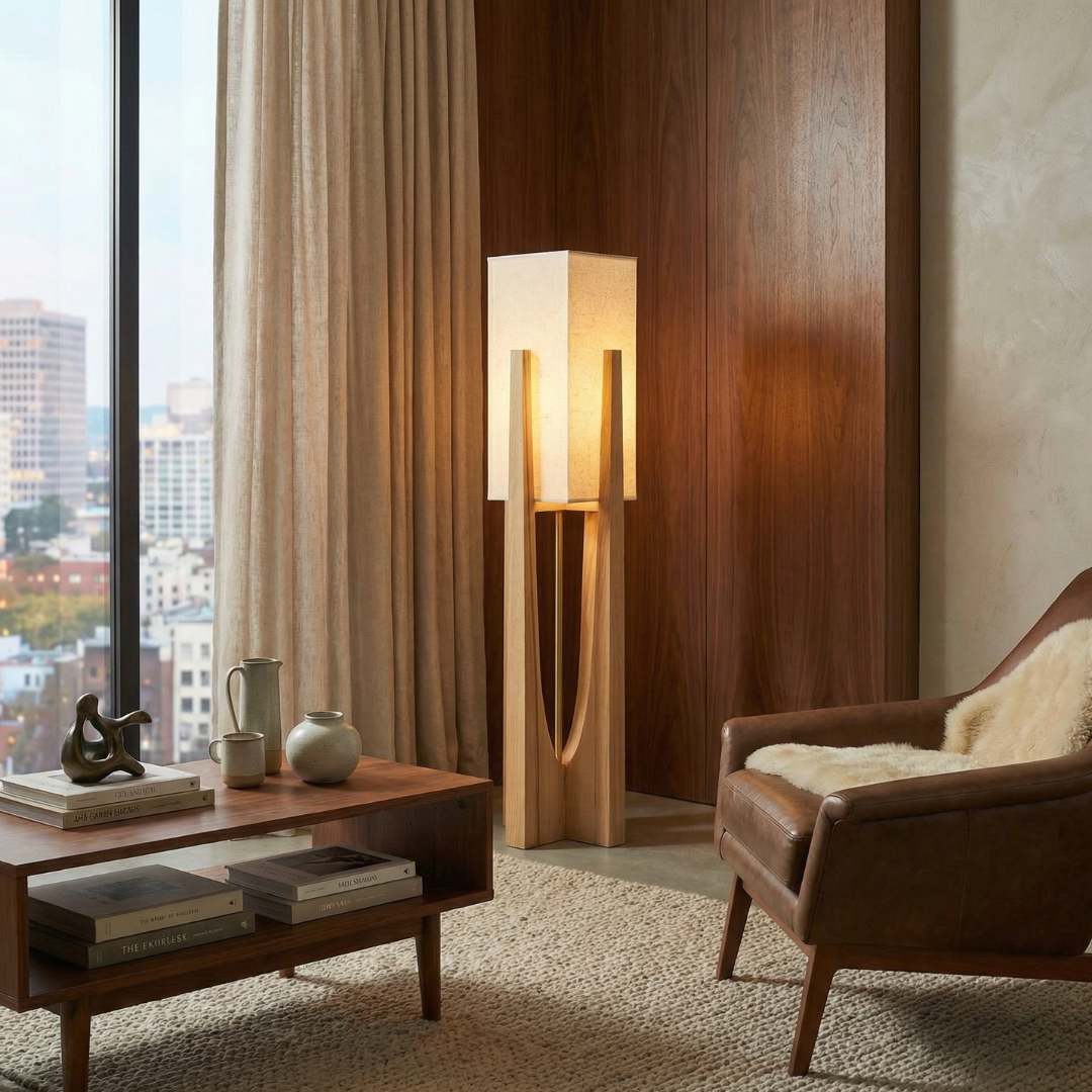 Wabi Sabi | Modern Floor Lamp with Wooden Frame & Soft Fabric Shade | Elegant Ambient Lighting for Cozy Living Rooms 1