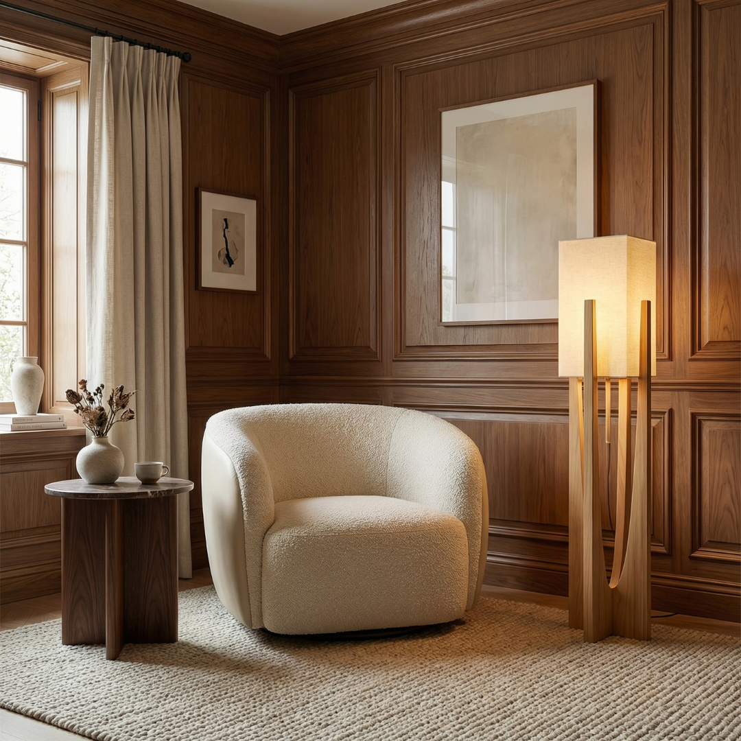 Wabi Sabi | Modern Floor Lamp with Wooden Frame & Soft Fabric Shade | Elegant Ambient Lighting for Cozy Living Rooms 2