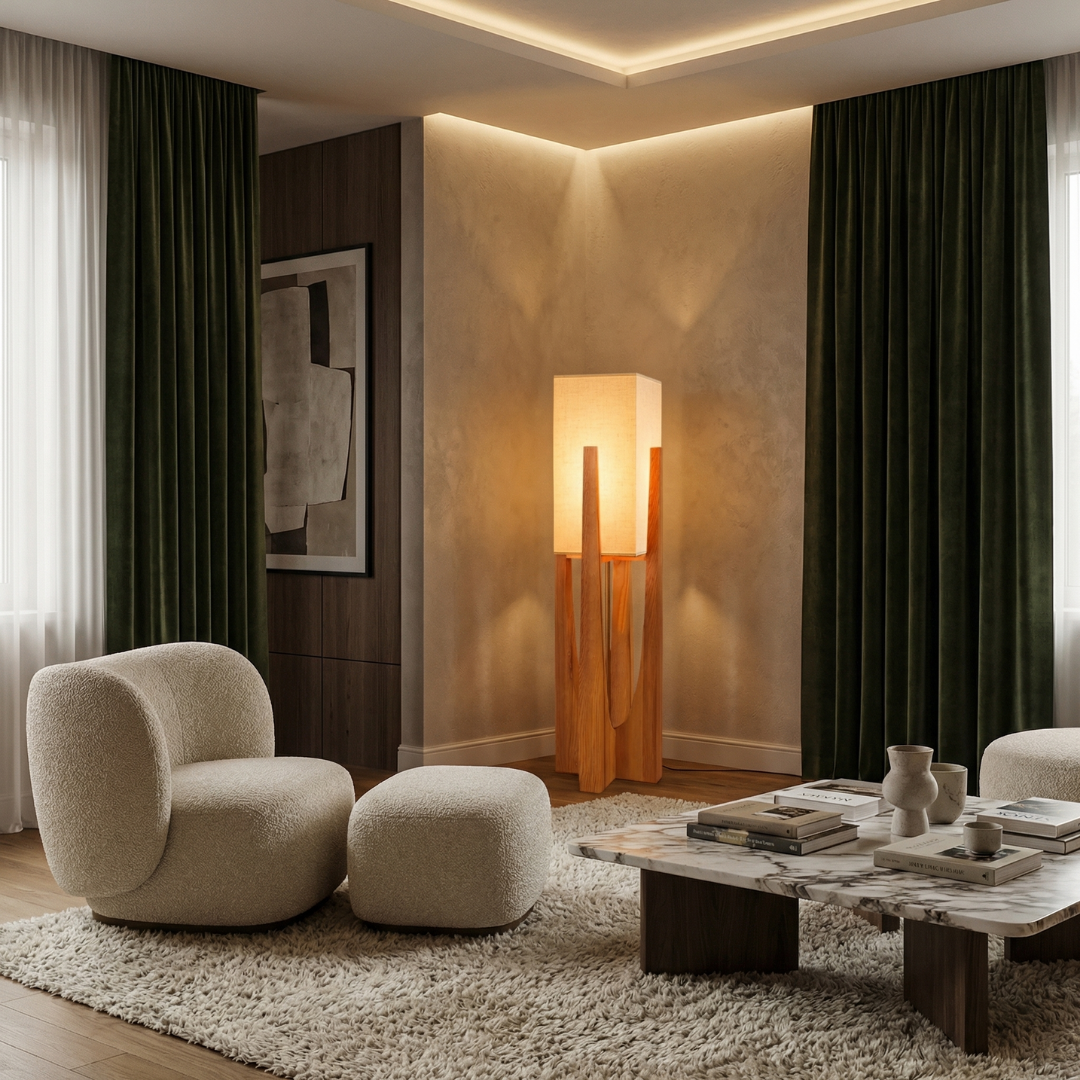 Wabi Sabi | Modern Floor Lamp with Wooden Frame & Soft Fabric Shade | Elegant Ambient Lighting for Cozy Living Rooms 3