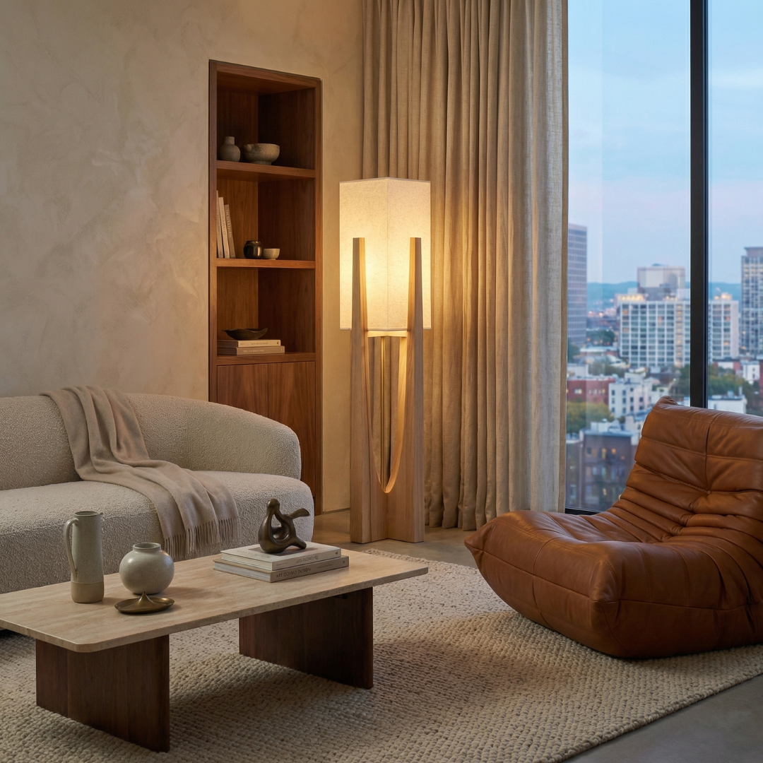 Wabi Sabi | Modern Floor Lamp with Wooden Frame & Soft Fabric Shade | Elegant Ambient Lighting for Cozy Living Rooms 4