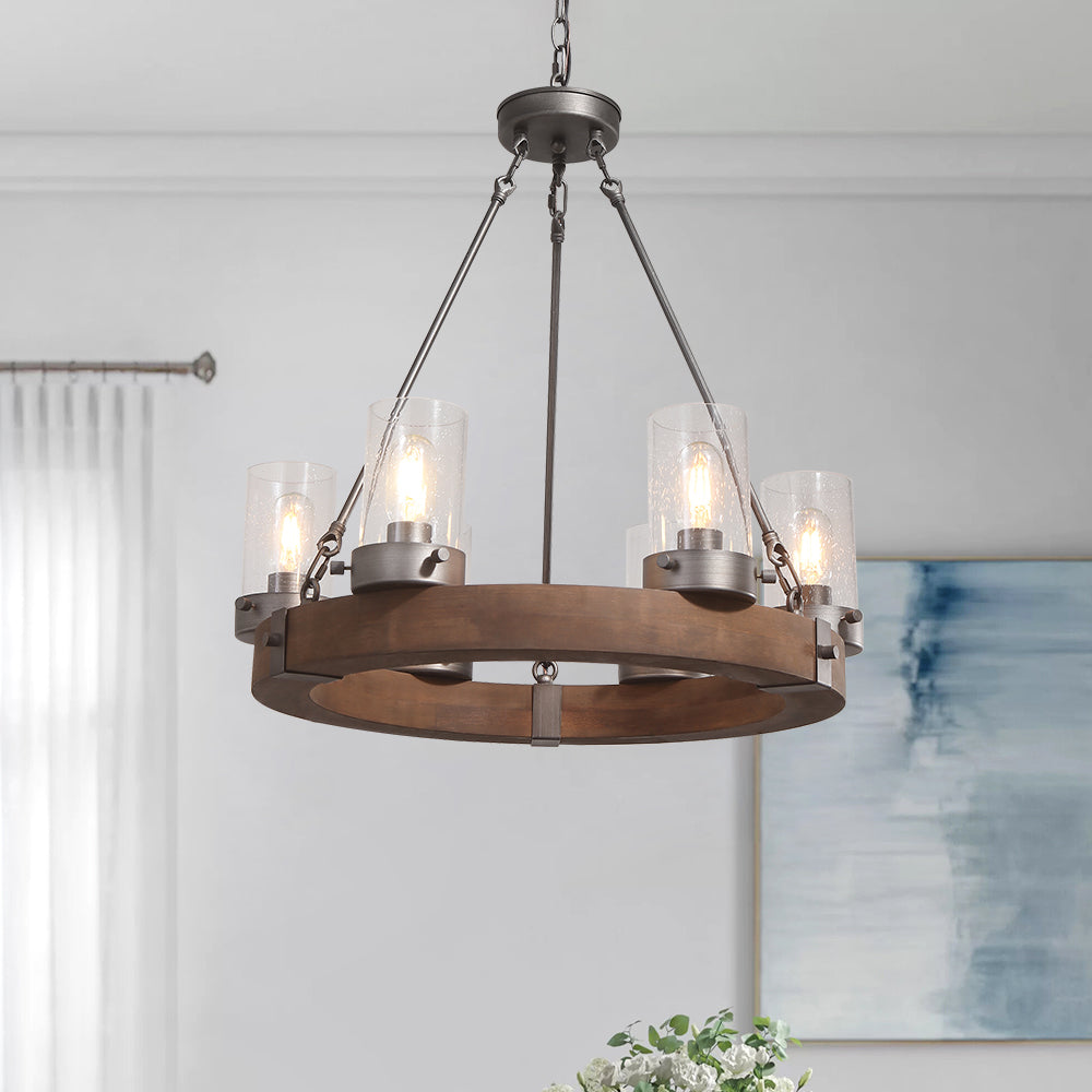 6-Light Wooden Wagon Wheel Light