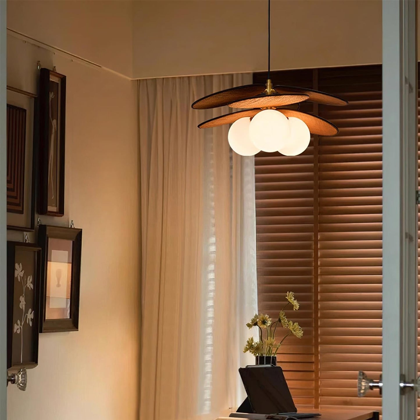 Wooden Petal Pendant Light with Soft Glass Orb | Modern Kitchen Pendant Lighting for Warm Ambiance 5