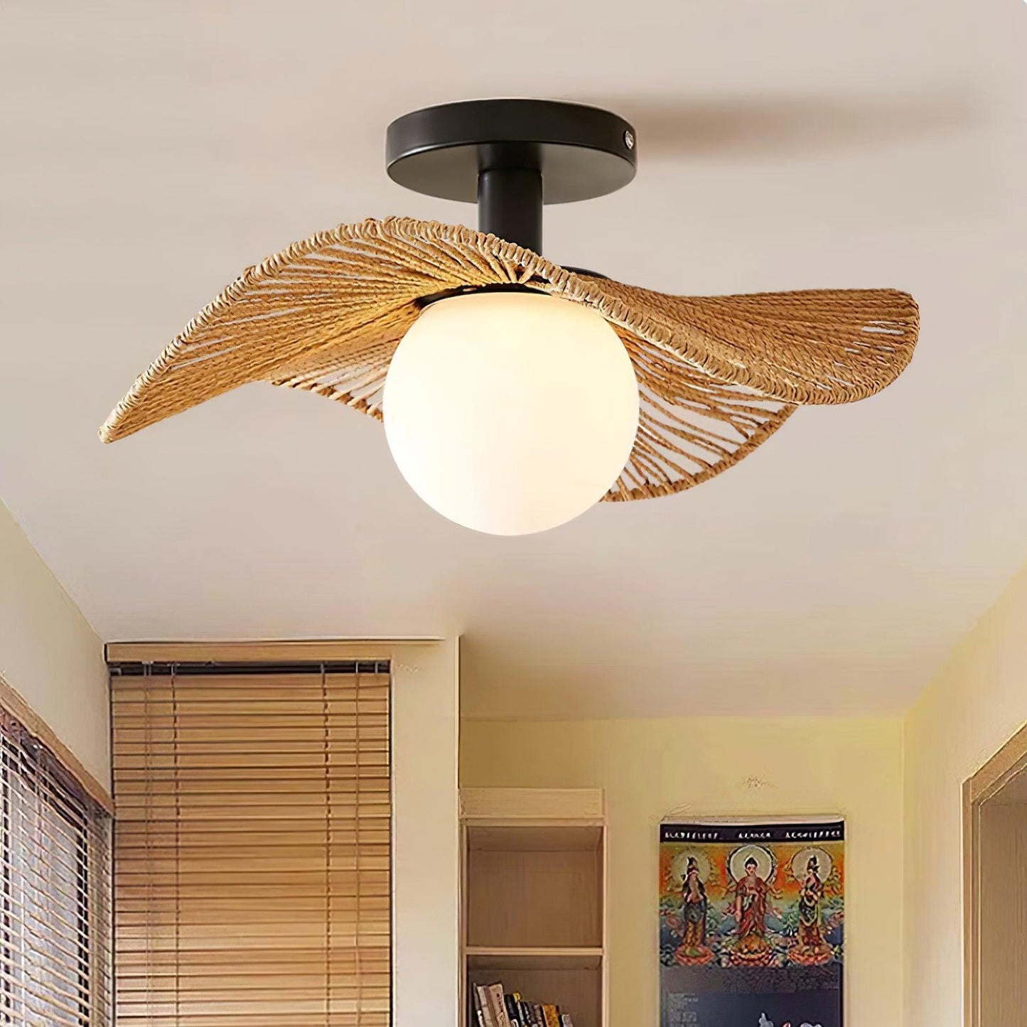 Woven Flush Mount Ceiling Light Fixture with Metal & Hemp Design | Stylish Illumination for Modern Spaces 4