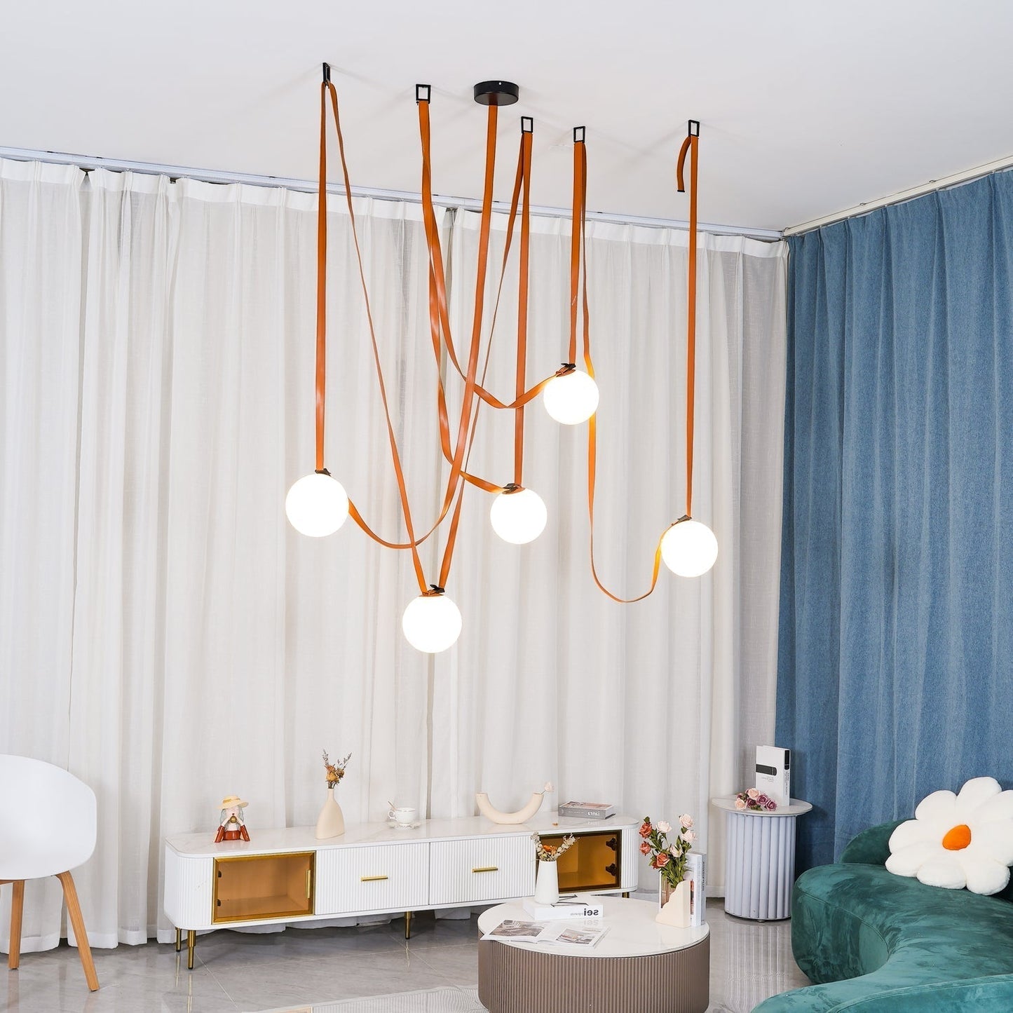 Zephira | Glass Pendant Light with Geometric Leather Design | Adjustable Height for Elegant Kitchen Lighting 5