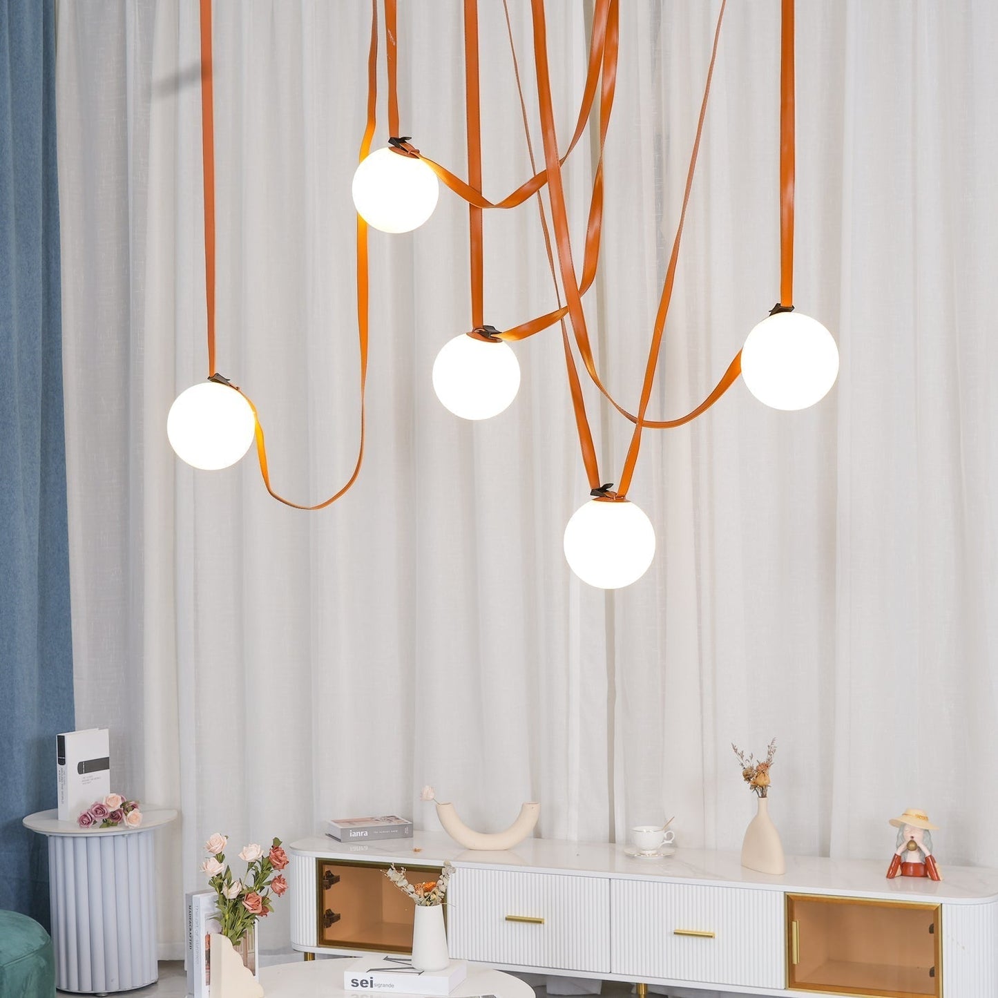 Zephira | Glass Pendant Light with Geometric Leather Design | Adjustable Height for Elegant Kitchen Lighting 7