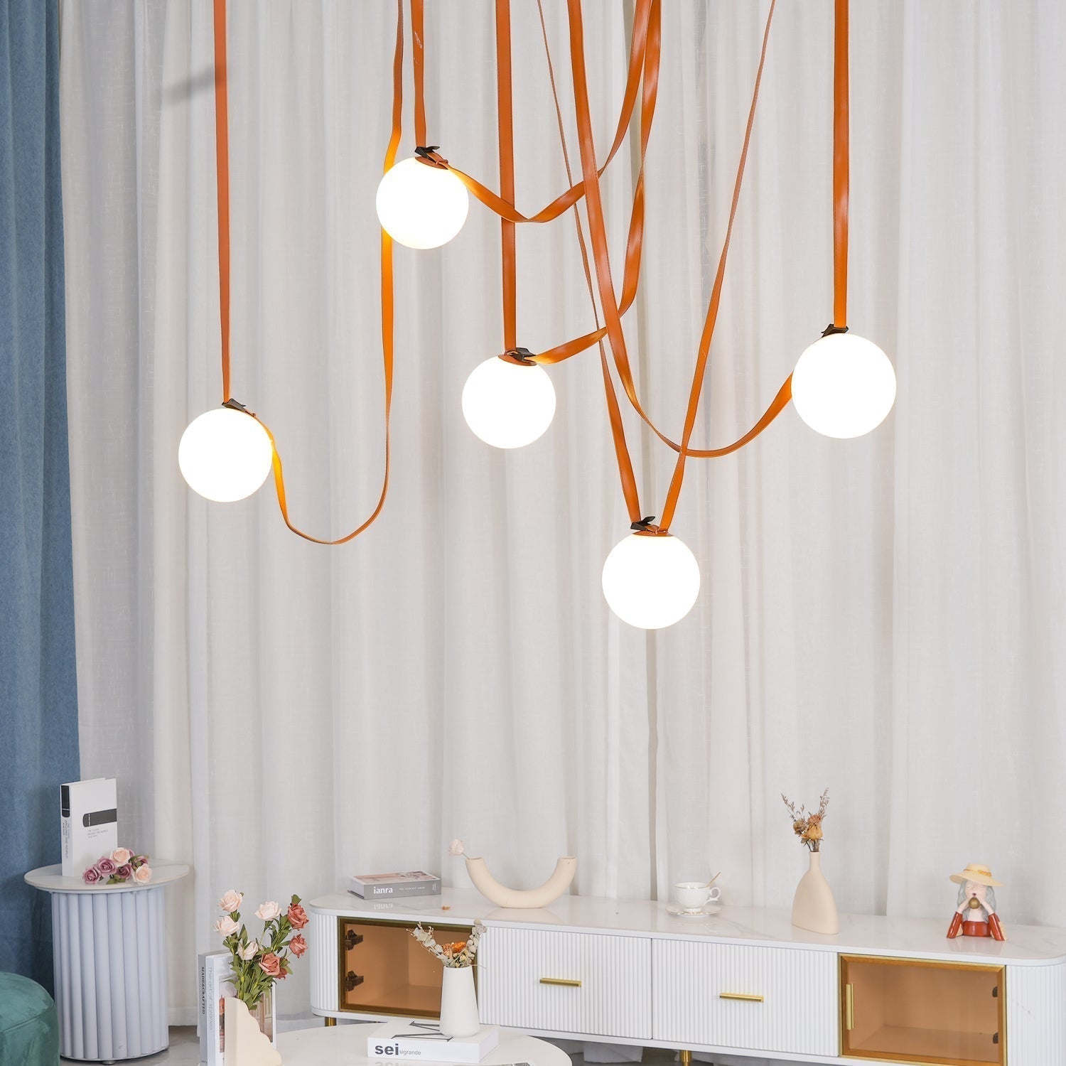 Zephira | Glass Pendant Light with Geometric Leather Design | Adjustable Height for Elegant Kitchen Lighting 7