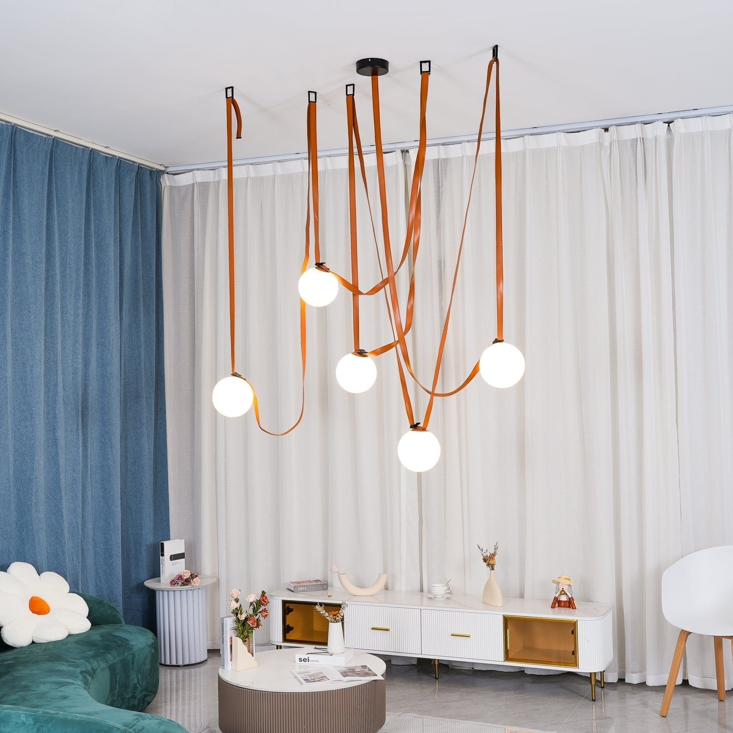 Zephira | Glass Pendant Light with Geometric Leather Design | Adjustable Height for Elegant Kitchen Lighting 8
