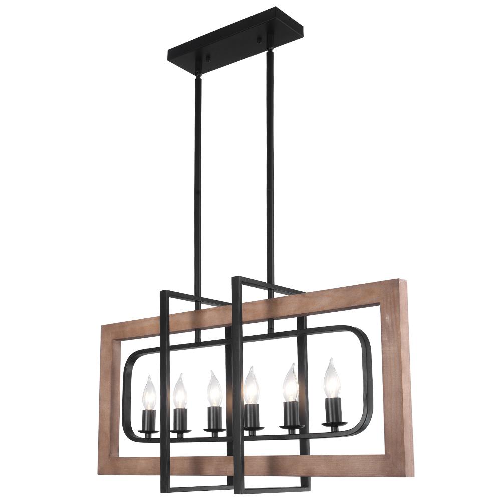 6-Light Black Wooden Rectangular Chandelier