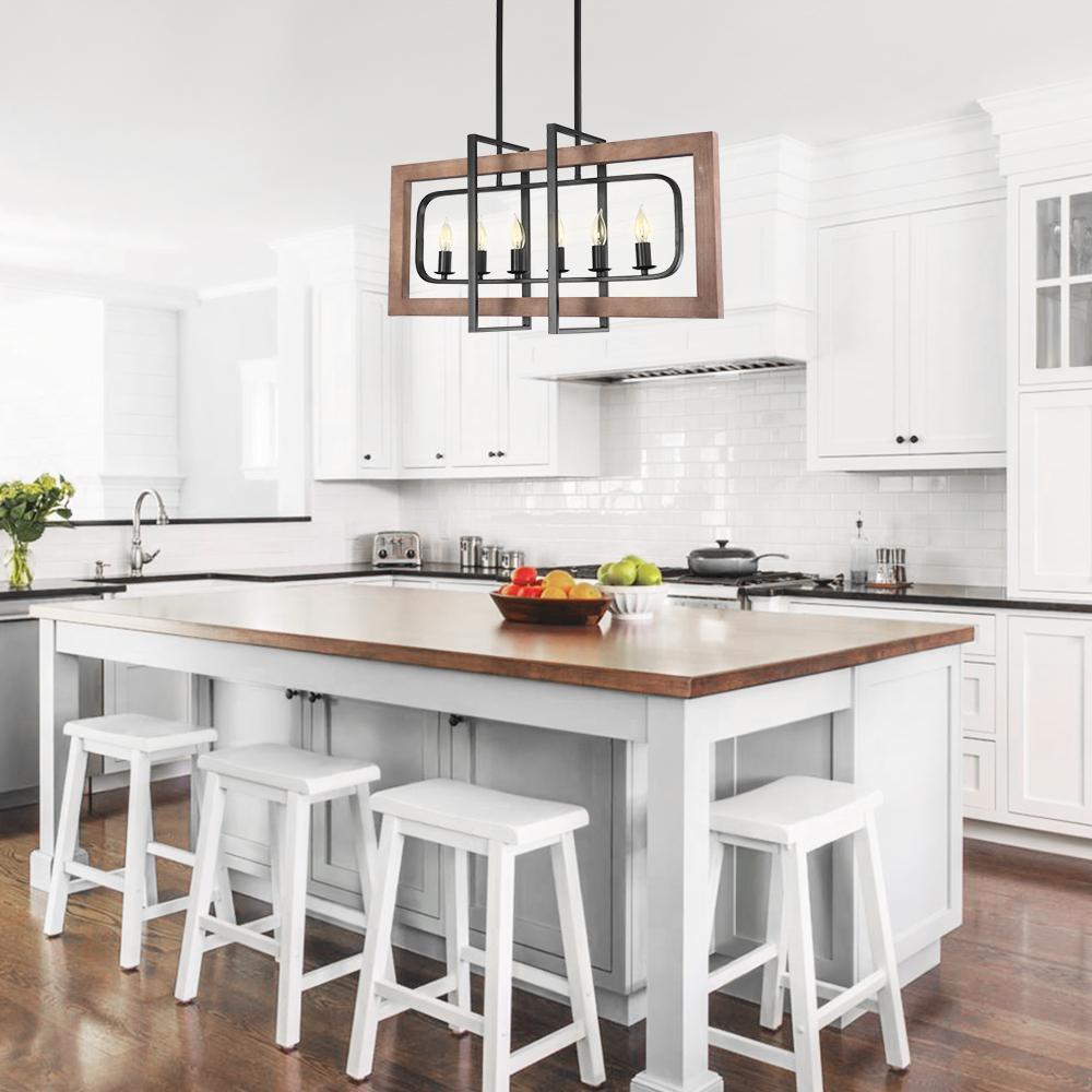 6-Light Black Wooden Rectangular Chandelier