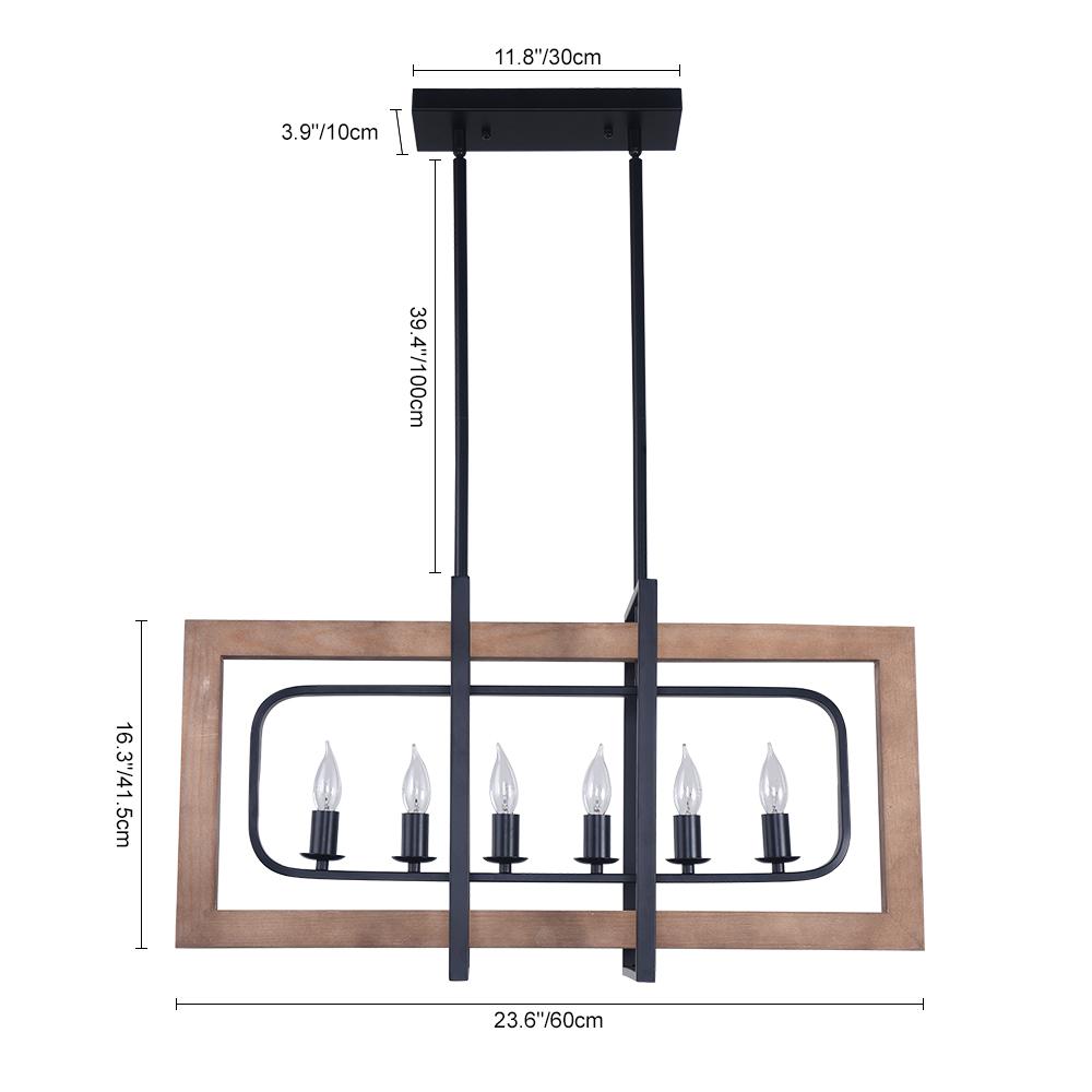 6-Light Black Wooden Rectangular Chandelier