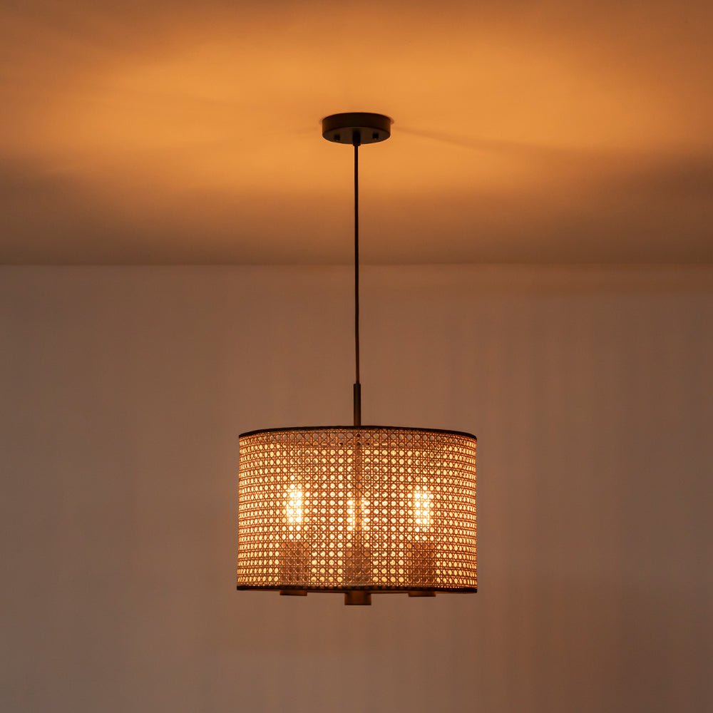 Boho Black Rattan Hollowed Drum Chandelier