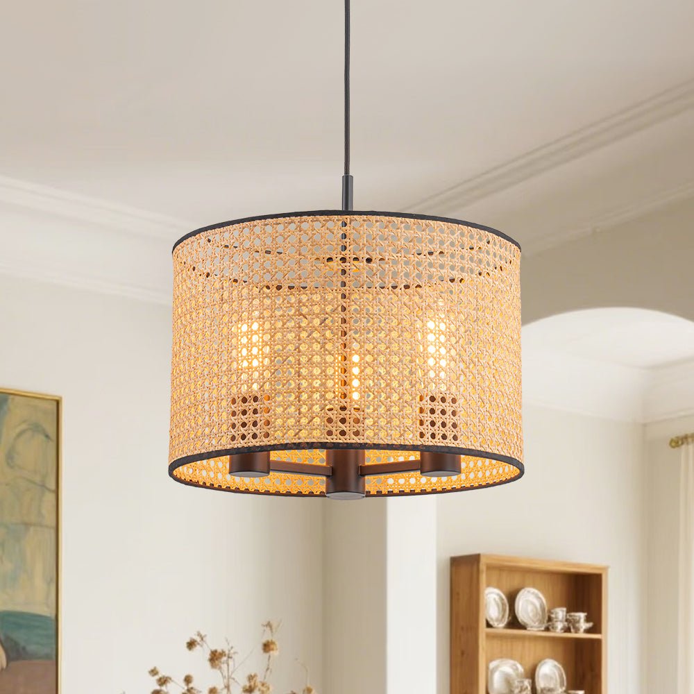 Boho Black Rattan Hollowed Drum Chandelier