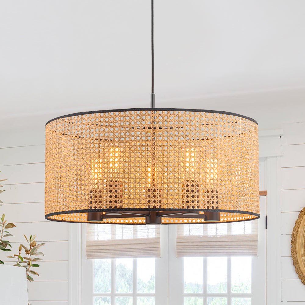 Boho Black Rattan Hollowed Drum Chandelier
