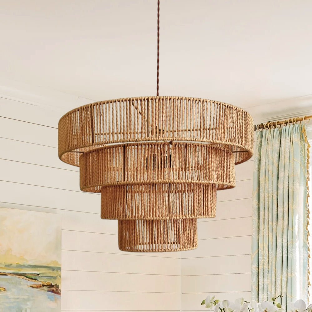 Boho Natural 1-Light Tiered Rattan Drum Chandelier