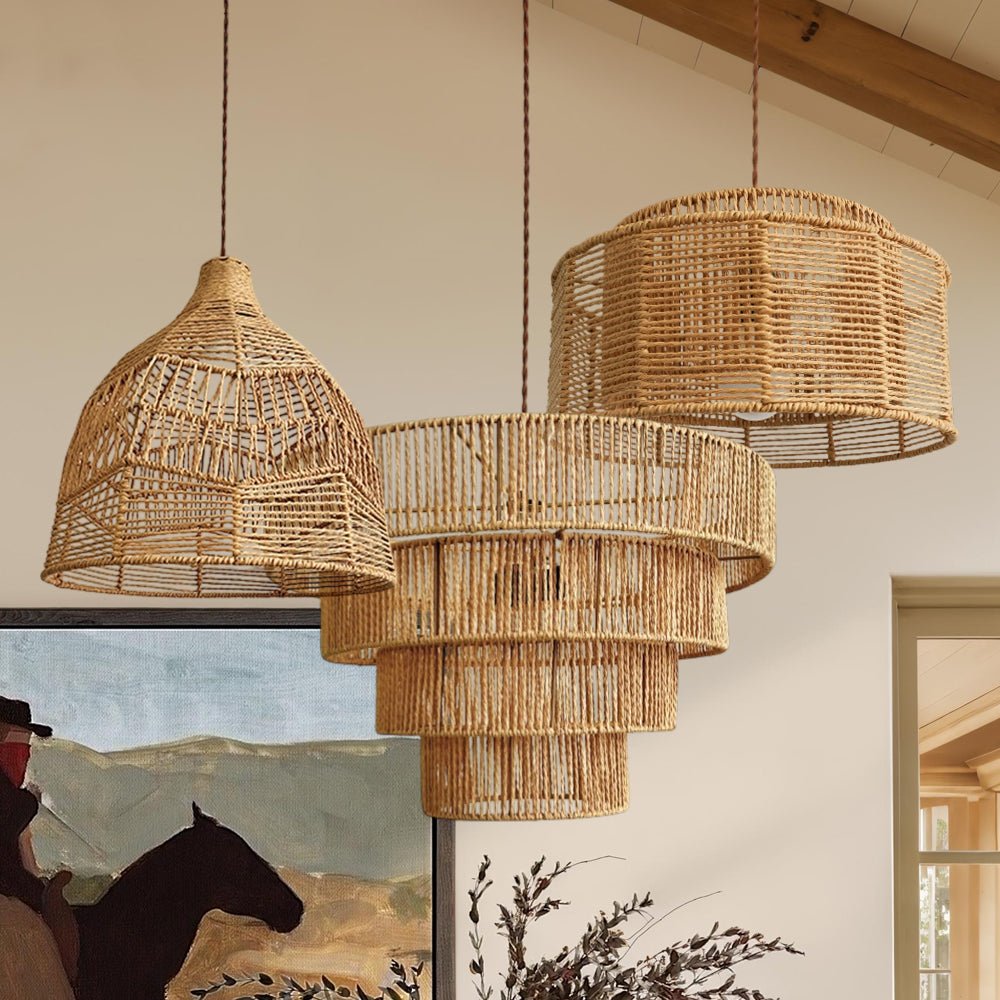 Boho Natural 1-Light Tiered Rattan Drum Chandelier