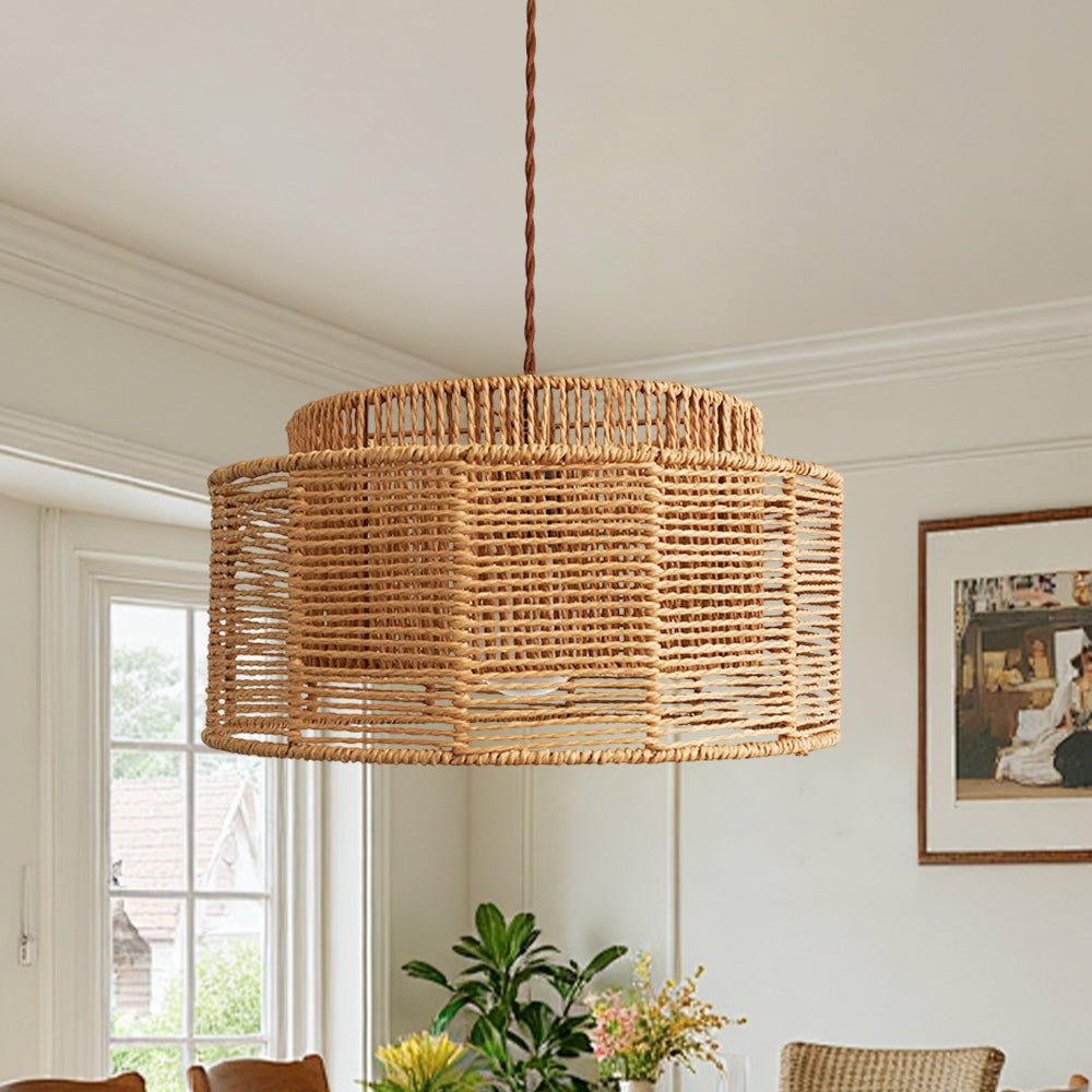 Boho Natural 1-Light Tiered Rattan Drum Chandelier